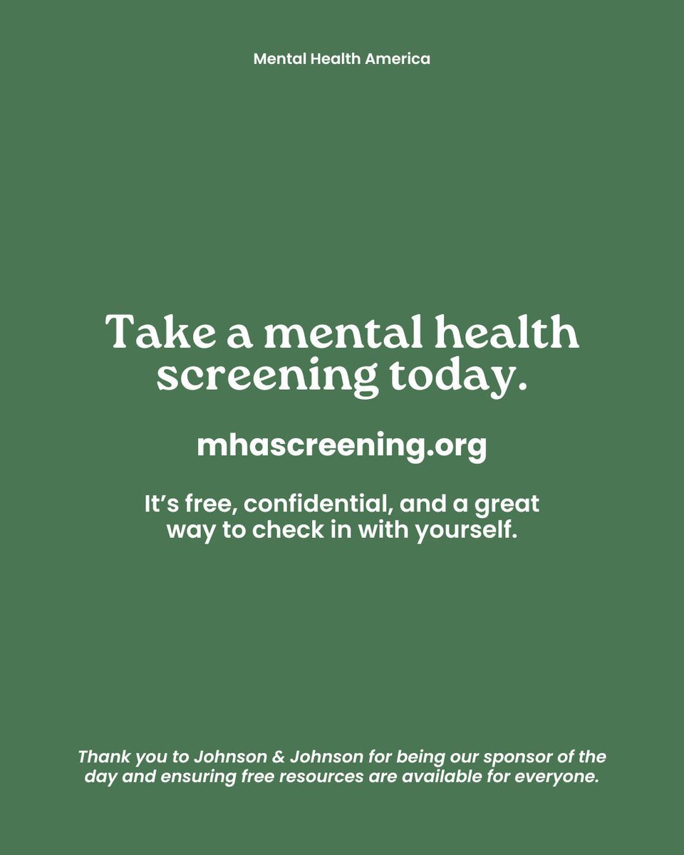 Mental Health America (@mentalhealtham) on Twitter photo Take a mental health screening today. 💚
It’s free, confidential, and a great way to check in with yourself.
mhascreening.org
Thank you to <a href="/JNJInnovMed/">J&J Innovative Medicine</a> for being our sponsor of the day and ensuring free resources are available for everyone. Take a mental health screening today. 💚
It’s free, confidential, and a great way to check in with yourself.
mhascreening.org
Thank you to <a href="/JNJInnovMed/">J&J Innovative Medicine</a> for being our sponsor of the day and ensuring free resources are available for everyone.