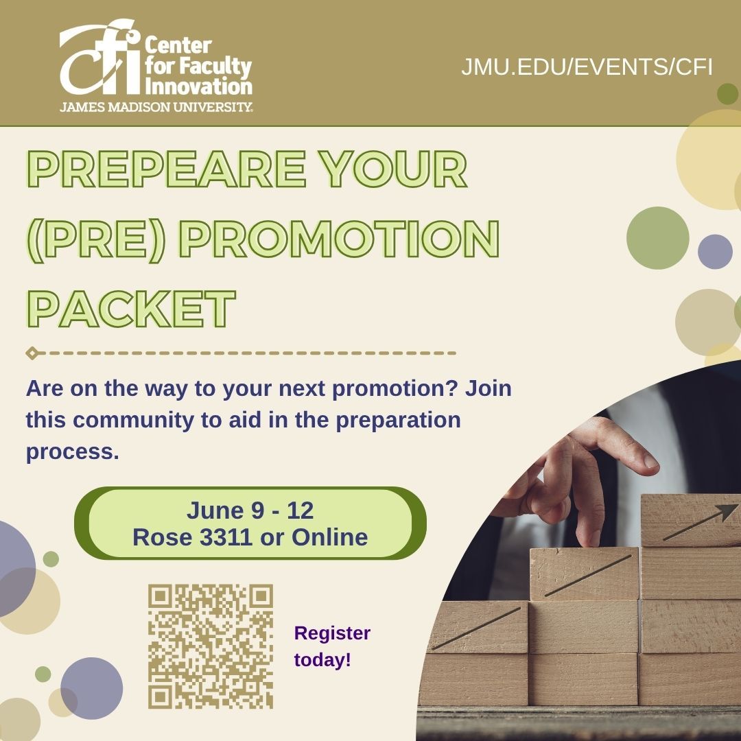 Join a community of colleagues who are on the way to their next promotion and prepare for it together.​ 

Please sign up by June 2 in order to attend: jmu.edu/events/cfi/202… 

#JMUCFI #Promotion #CareerDevelopment #Networking #ProfessionalDevelopment