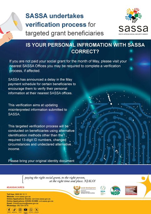 If you are not paid your social grant for the month of May 2025 please visit your nearest SASSA office, you may be required to complete a verification process if affected.
#SASSAVerification #SASSACARES #ServiceDeliveryZA