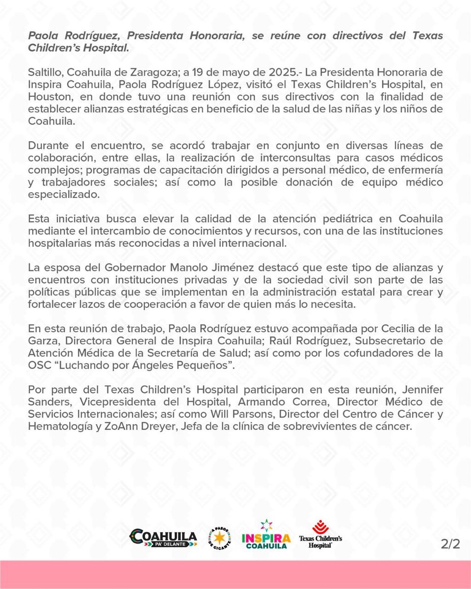 Establece Inspira alianza con el Texas Children’s Hospital.

#CoahuilaPaDelante #APasosDeGigante
<a href="/manolojim/">Manolo Jiménez Salinas</a>