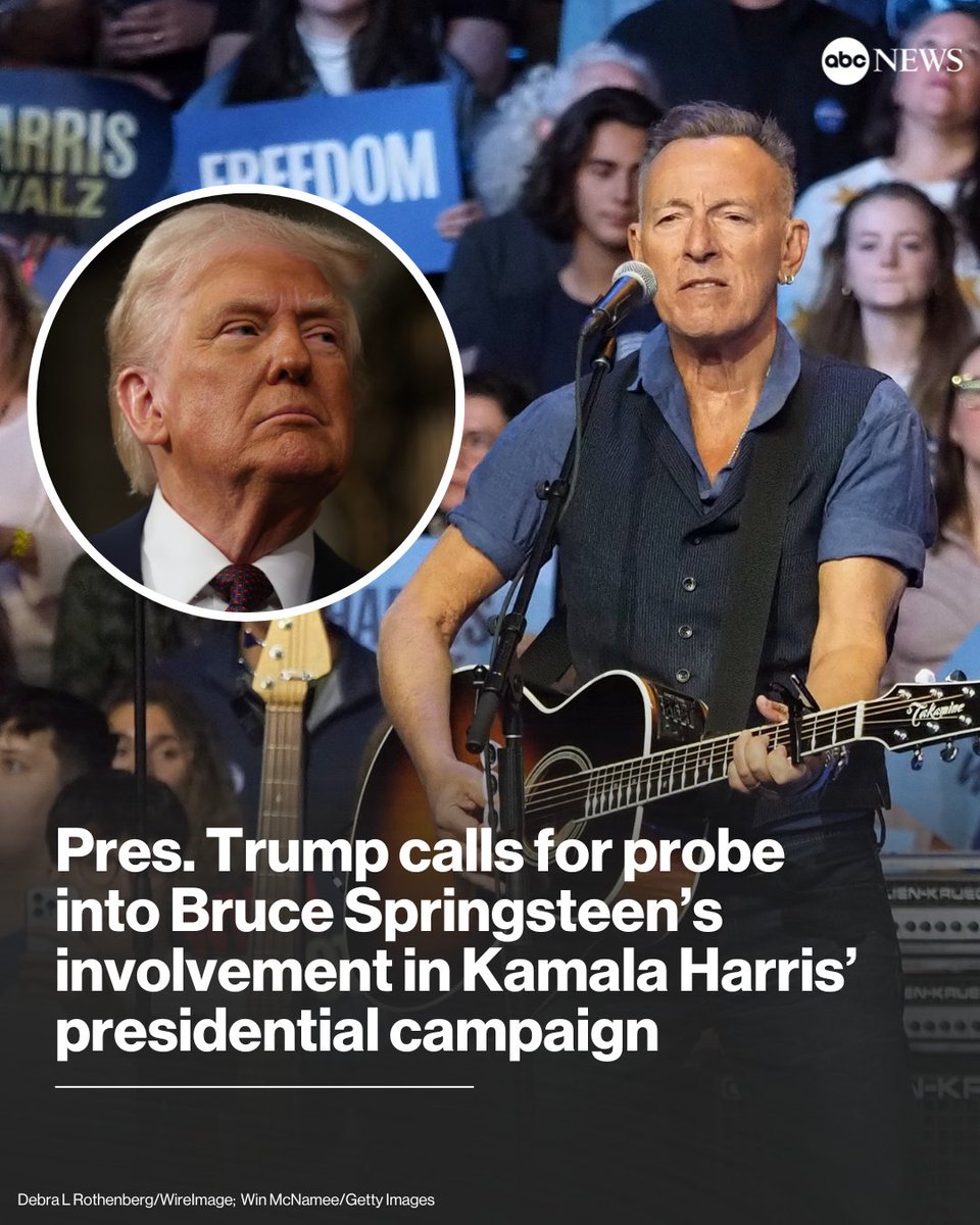 ABC's tweet image. Pres. Trump said he would call for an investigation into musician Bruce Springsteen's endorsement of former Vice President Kamala Harris' presidential run in 2024.
Read more: abcnews.link/jJ8uLF0
