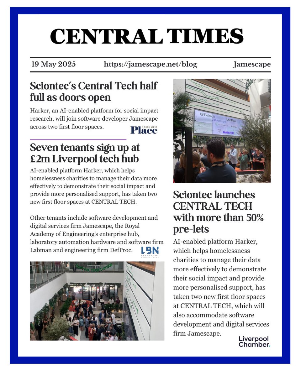 Read all about it! 📰

CENTRAL TECH and Jamescape are making headlines! It’s been amazing to be a part of the launch of this space as one of the first tenants, and we can’t wait to see the space grow into the hub for tech innovation across the city region.