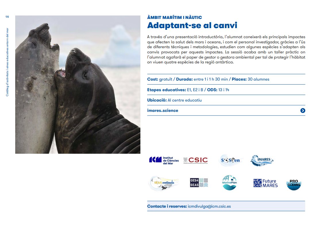 Ja està disponible el nou Catàleg d’Activitats Educatives del <a href="/bcn_ajuntament/">Ajuntament de Barcelona</a>! 🎉
Hi contribuïm amb dues activitats pensades per apropar la ciència  i la conservació del mar a infants i joves 🌊🐟 

📘 Descobreix TOTES les propostes aquí:
🔗 lc.cx/014Sgb

<a href="/ICMCSIC/">ICM-CSIC</a>