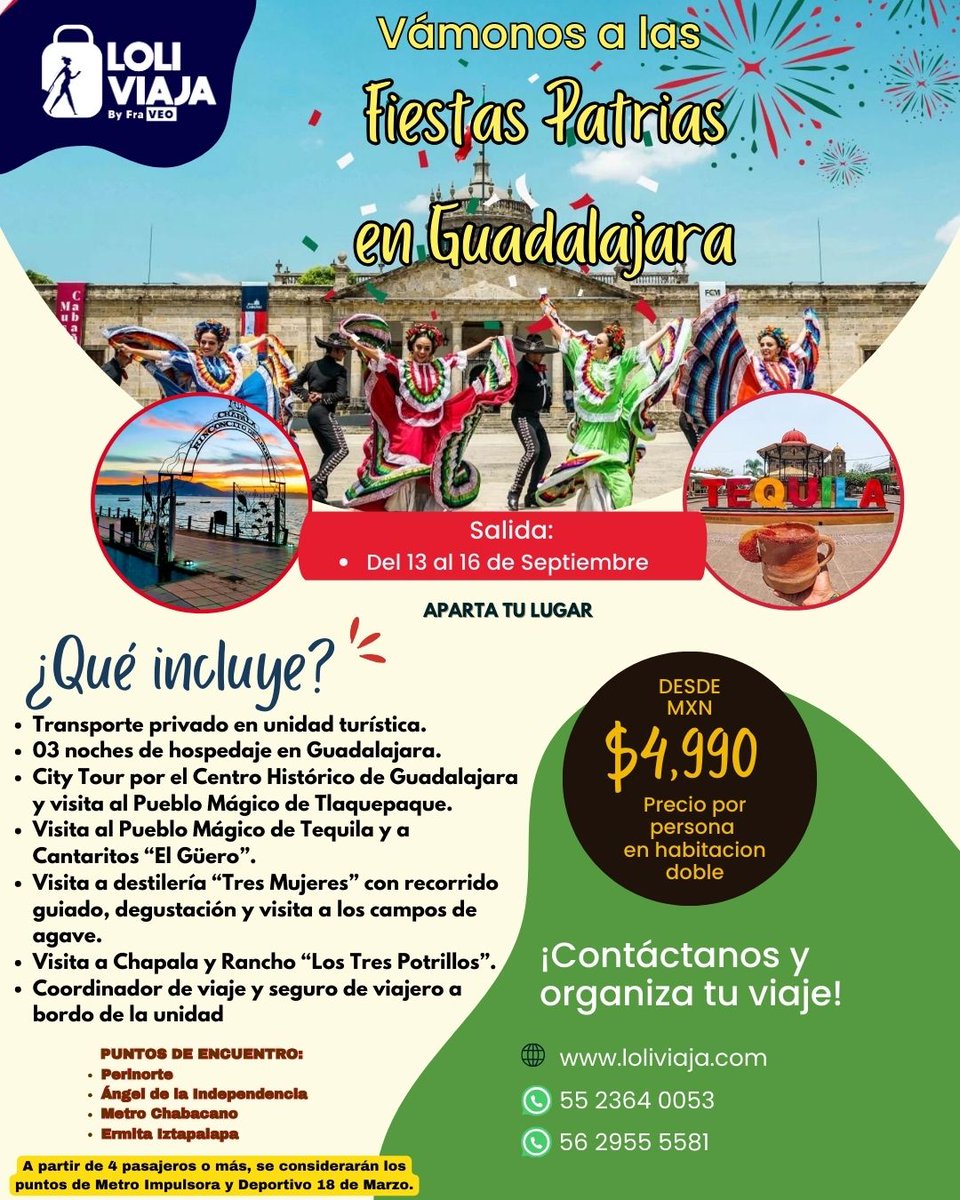 LoliViaja's tweet image. 🎉 ¡Celebra el #15deSeptiembre viajando!
1️⃣ Guadalajara desde $4,990 MXN
2️⃣ Zacatecas + Aguascalientes desde $7,669 MXN
🚌 Incluye transporte, hotel, recorridos y desayunos
📅 Del 13 al 16 de septiembre
📲 Reserva: 55 2364 0053
#FiestasPatrias #VivaMéxico #LoliViaja