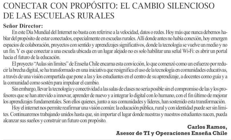 #Prensa - <a href="/pinguinodiario/">Pingüino Multimedia</a> 

“Conectar a una escuela ubicada en un lugar alejado no es solo habilitar una señal Wi-Fi: es abrir un portal hacia el futuro de la educación”, destaca nuestro Asesor TI y Operaciones, Carlos Ramos, en el marco del #DíadelInternet. Lee su carta aquí 👇🏽: