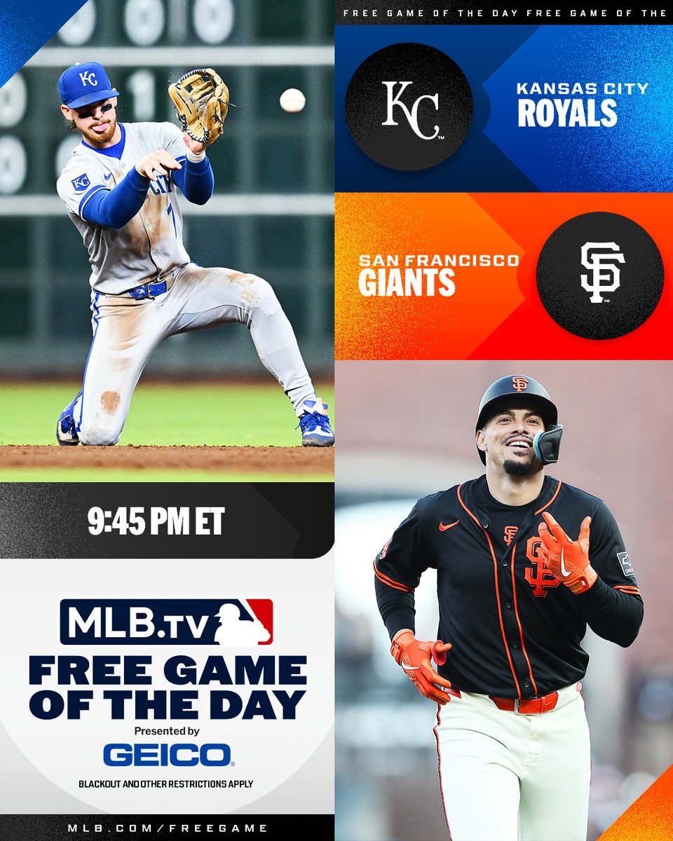 MLBTV's tweet image. Bobby Witt Jr. and the @Royals head out west to take on Willy Adames and the @SFGiants.
Watch for FREE at 9:45 PM ET on #MLBTV
(MLB x GEICO)