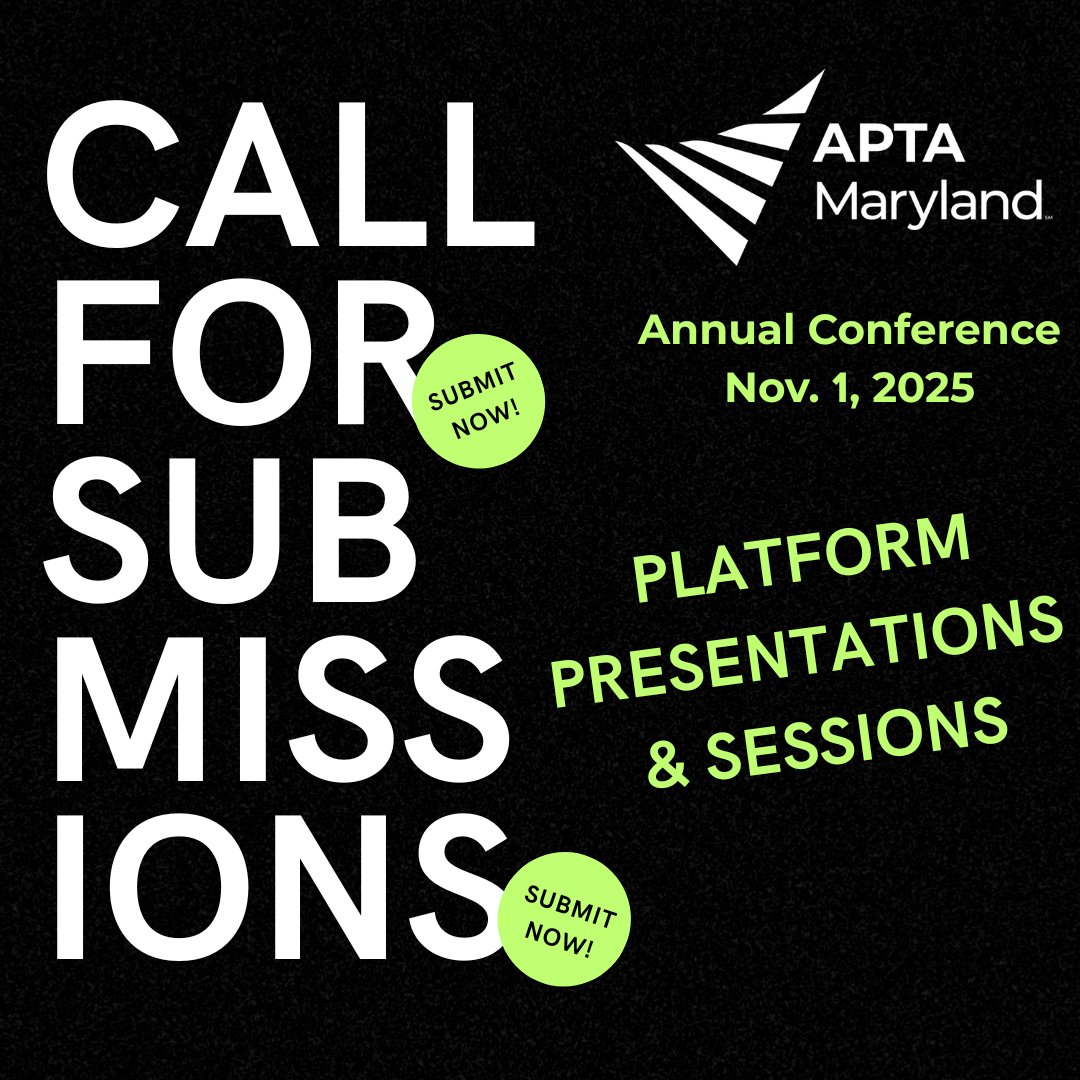 APTA Maryland (@aptaofmaryland) on Twitter photo APTAMD's Call for Platform and Session Proposals for our 2025 annual Conference is OPEN ➡️June 1. Abstracts are peer reviewed and may have been submitted or presented at other conferences. aptamd.org/annual-confere…
<a href="/drmoniquecaruth/">Dr. Monique J. Caruth, PT, DPT</a> <a href="/RoyFilmDPT/">Roy Film</a> #PTeducation #PTAeducation #PTMovesME APTAMD's Call for Platform and Session Proposals for our 2025 annual Conference is OPEN ➡️June 1. Abstracts are peer reviewed and may have been submitted or presented at other conferences. aptamd.org/annual-confere…
<a href="/drmoniquecaruth/">Dr. Monique J. Caruth, PT, DPT</a> <a href="/RoyFilmDPT/">Roy Film</a> #PTeducation #PTAeducation #PTMovesME