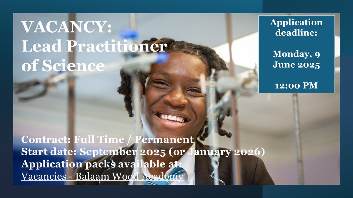 🔹 Vacancy: Lead Practitioner of Science 🔹

For further details about the role and to arrange a visit to the academy, please visit our website for an application pack: 

bwa.kevibham.org/academy-inform…