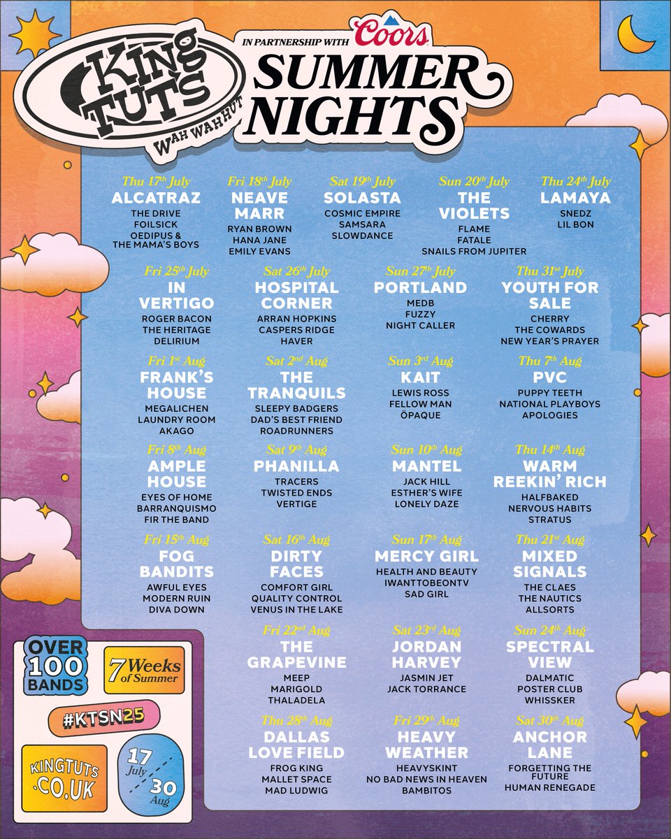 JUST ANNOUNCED » King Tut's Summer Nights 2025 ⭐️🌙

One of our flagship festivals returns for 2025 to celebrate grassroots talent with over 100 acts from the 17th July to the 30th August!

MORE INFO ⇾ ktwwh.co/KTSN25
