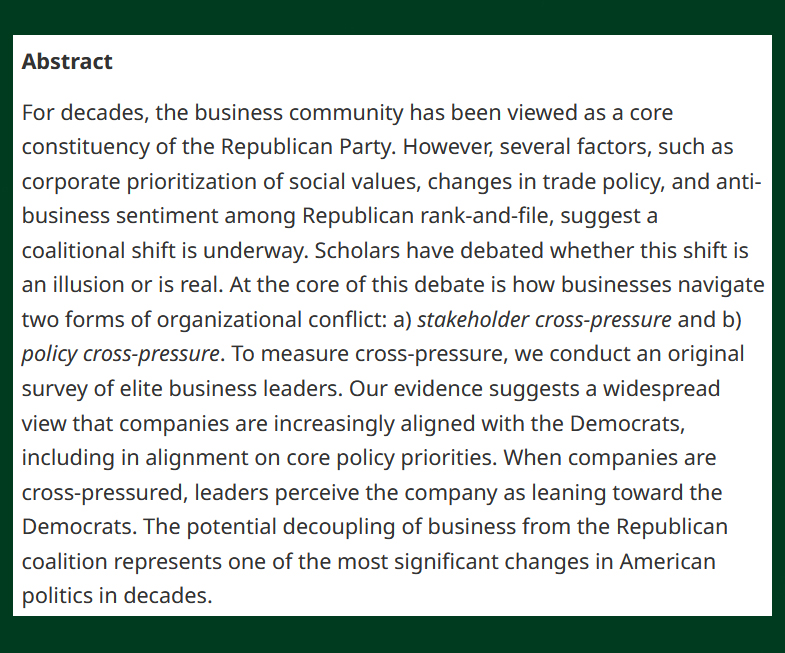 British Jnl Poli Sci (@bjpols) on Twitter photo NEW -
The Partisan Realignment of American Business: Evidence from a Survey of Corporate Leaders - cup.org/3S88Dct
"When companies are cross-pressured, leaders perceive the company as leaning toward the Democrats"
- <a href="/eitanhersh/">Eitan Hersh</a> & Sarang Shah (<a href="/UCBerkeley/">UC Berkeley</a>)
#OpenAccess NEW -
The Partisan Realignment of American Business: Evidence from a Survey of Corporate Leaders - cup.org/3S88Dct
"When companies are cross-pressured, leaders perceive the company as leaning toward the Democrats"
- <a href="/eitanhersh/">Eitan Hersh</a> & Sarang Shah (<a href="/UCBerkeley/">UC Berkeley</a>)
#OpenAccess