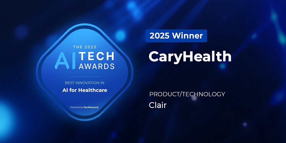 caryhealth's tweet photo. Big news! CaryHealth just won the
2025 Al TechAward for Excellence in Al Healthcare Innovation! Our Al platform, Clair, is changing the game-giving clinicians smarter, faster insights to improve patient care.
To read more 👉https://t.co/H8C0qvnBxF
#CaryHealth #AlinHealthcare https://t.co/tZQmrSmlmP