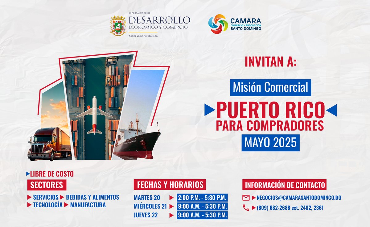 ¡Conéctate con Puerto Rico en nuestra Ronda de Negocios!  

Si estás interesado en importar productos y servicios desde Puerto Rico, esta es tu oportunidad de establecer contactos estratégicos y descubrir oportunidades comerciales con empresas puertorriqueñas.  

Explora una