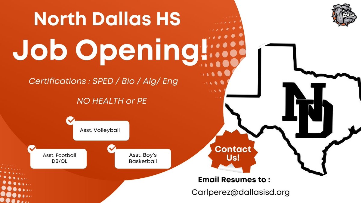 Carlos Perez (@coachperez48) on Twitter photo North Dallas HS is in search of a few coaches!
Email resumes to carlperez@dallasisd.org
<a href="/Matt_Stepp817/">Matt Stepp</a>
<a href="/HispanicTXHSFB/">Hispanic TXHSFB Coaches Association</a>
<a href="/THSCAcoaches/">THSCA</a>
<a href="/xo_coachingjobs/">Coaching Jobs</a>
#BulldogCountry North Dallas HS is in search of a few coaches!
Email resumes to carlperez@dallasisd.org
<a href="/Matt_Stepp817/">Matt Stepp</a>
<a href="/HispanicTXHSFB/">Hispanic TXHSFB Coaches Association</a>
<a href="/THSCAcoaches/">THSCA</a>
<a href="/xo_coachingjobs/">Coaching Jobs</a>
#BulldogCountry