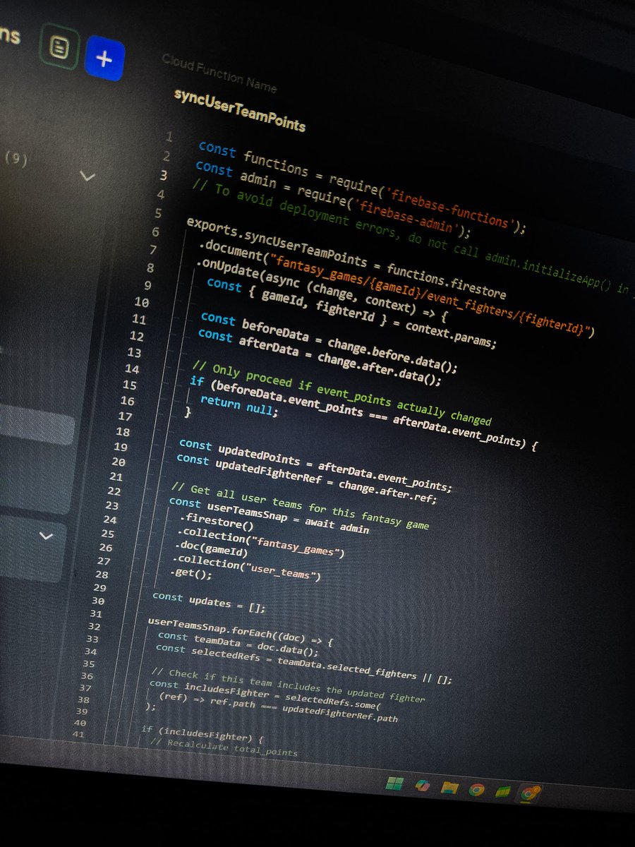 GaryFightRecord's tweet image. Today I got #ChatGPT to write a #CloudFunction that auto updates users Fantasy points after a fight result is entered. ⚙️
Basically, as soon as a fight result is announced, if you've got that fighter in your Fantasy team, the points will automatically calculate and update. 📊