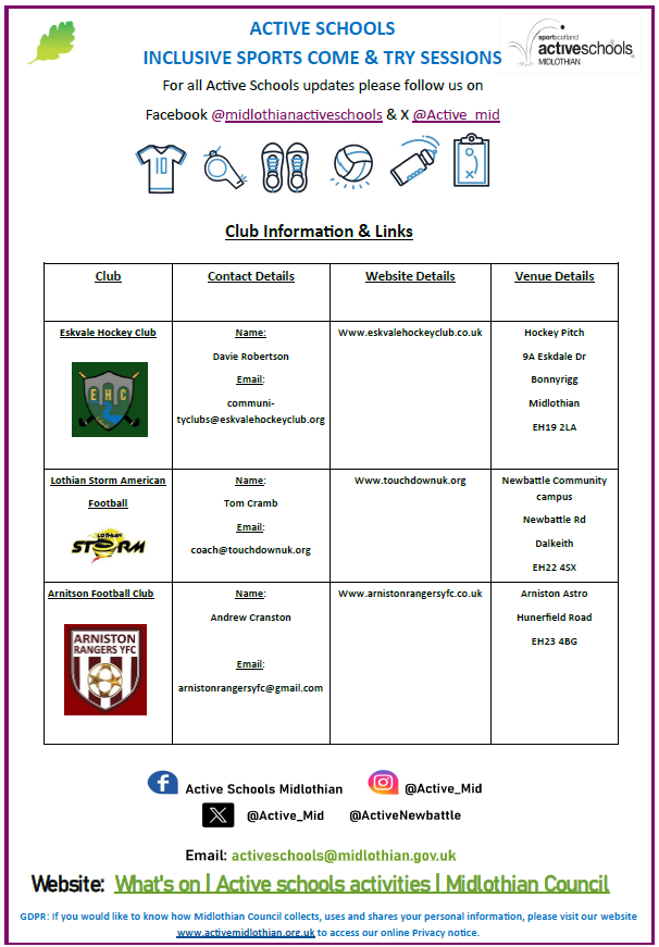 Active Midlothian (@active_mid) on Twitter photo Midlothian Active schools is pleased to announce sessions for young people with a disability! 3 local clubs will lead the sessions in June & offer a pathway. For further information please see the attached pictures.
<a href="/EskvaleHockey/">Eskvale Hockey Club</a>
<a href="/ArnistonRangers/">Arniston Rangers F.C</a>
<a href="/lothianstorm/">Lothian Storm</a> Midlothian Active schools is pleased to announce sessions for young people with a disability! 3 local clubs will lead the sessions in June & offer a pathway. For further information please see the attached pictures.
<a href="/EskvaleHockey/">Eskvale Hockey Club</a>
<a href="/ArnistonRangers/">Arniston Rangers F.C</a>
<a href="/lothianstorm/">Lothian Storm</a>