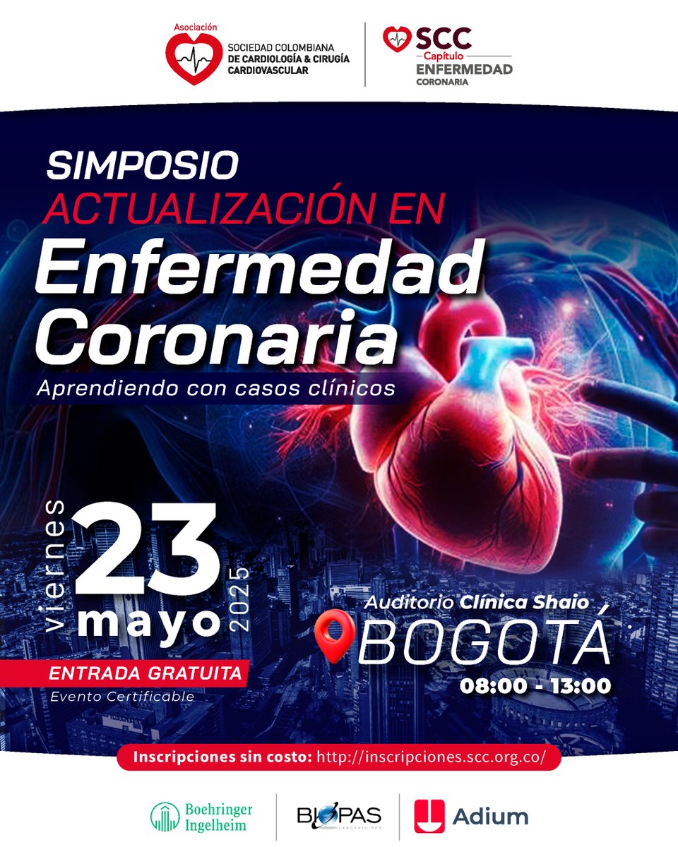 Sociedad Colombiana de Cardiología (@sccccardio) on Twitter photo El Capítulo de enfermedad Coronaria de la SCC los invita al Simposio Actualización en Enfermedad coronaria 🫀
🗓Mayo 23 de 2025
📍Bogotá, Auditorio Clínica Shaio
La inscripción es gratuita en el siguiente link:
🔗inscripciones.scc.org.co/eventos/regist… El Capítulo de enfermedad Coronaria de la SCC los invita al Simposio Actualización en Enfermedad coronaria 🫀
🗓Mayo 23 de 2025
📍Bogotá, Auditorio Clínica Shaio
La inscripción es gratuita en el siguiente link:
🔗inscripciones.scc.org.co/eventos/regist…