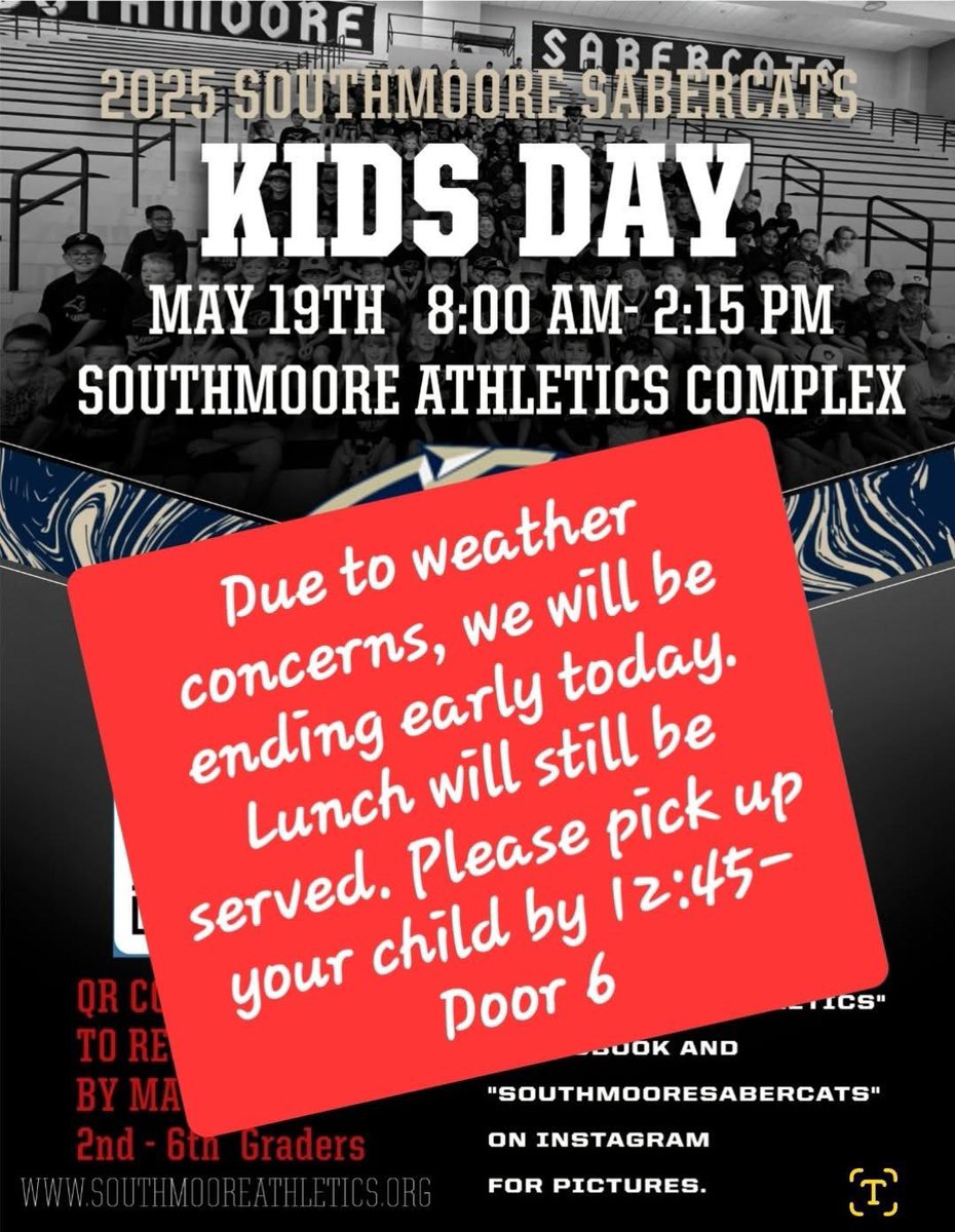 Sabercat Athletics (@sabercatsports) on Twitter photo On recommendation from the National Weather Service and <a href="/MoorePublicSch/">Moore Public Schools</a> - we are asking that kids be picked up from SaberKids Day at 12:45 at Door 6! <a href="/SouthmooreHS/">Southmoore HS</a> On recommendation from the National Weather Service and <a href="/MoorePublicSch/">Moore Public Schools</a> - we are asking that kids be picked up from SaberKids Day at 12:45 at Door 6! <a href="/SouthmooreHS/">Southmoore HS</a>