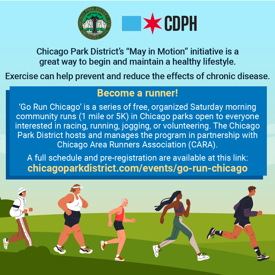 CDPH | Chicago Department of Public Health (@chipublichealth) on Twitter photo Join <a href="/ChicagoParks/">Chicago ParkDistrict</a> for “May in Motion” and sample from the many free and inexpensive fitness activities they offer.
Exercise can help improve your overall mood, help encourage better sleep, and prevent chronic diseases like heart disease + hypertension.
chicagoparkdistrict.com/may-in-motion Join <a href="/ChicagoParks/">Chicago ParkDistrict</a> for “May in Motion” and sample from the many free and inexpensive fitness activities they offer.
Exercise can help improve your overall mood, help encourage better sleep, and prevent chronic diseases like heart disease + hypertension.
chicagoparkdistrict.com/may-in-motion