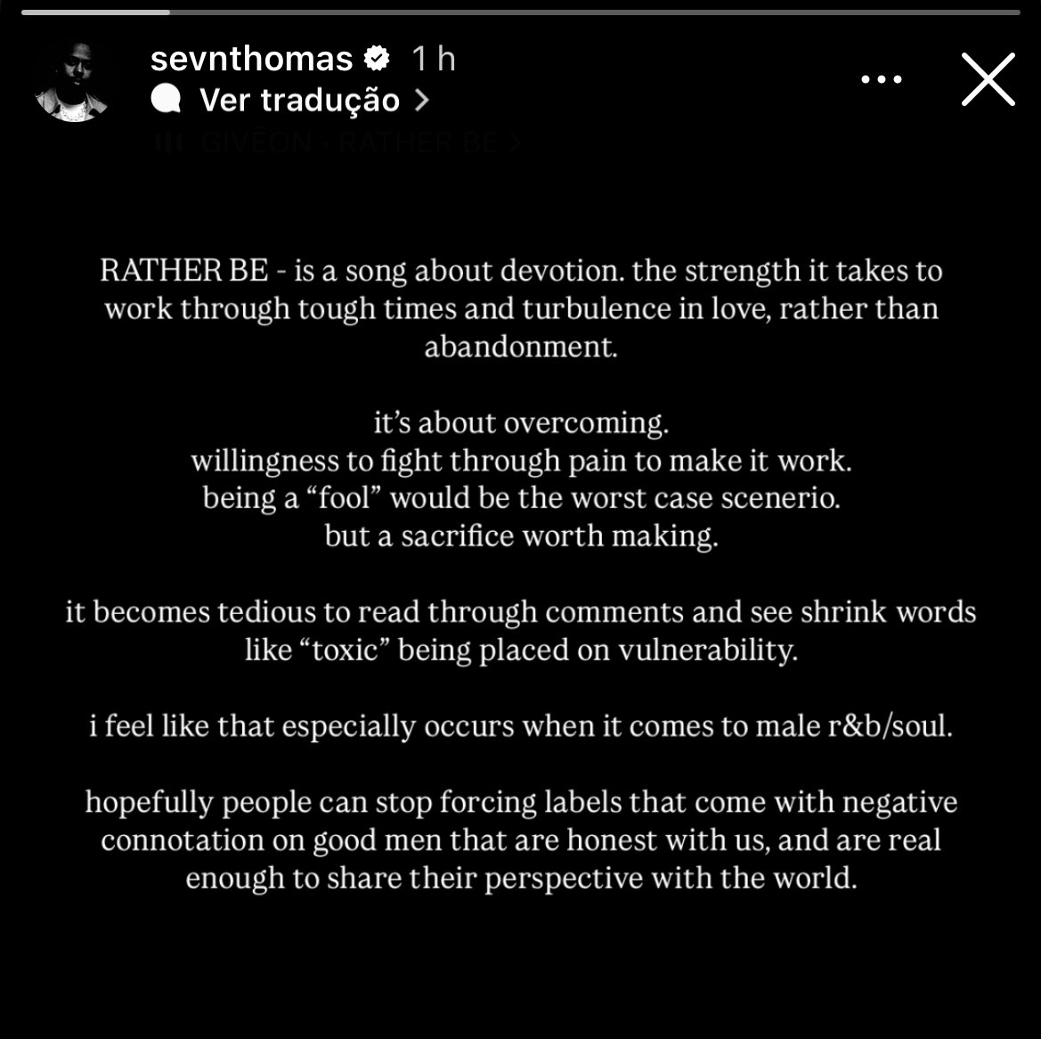 giveonbra's tweet photo. Eita! | Um dos produtores e amigo de Givēon, Sevn Thomas, postou uma nota falando sobre a música “RATHER BE”. Confira a tradução: 

”RATHER BE - é uma canção sobre devoção. A força necessária para lidar com momentos difíceis e turbulências no amor, em vez de abandono.

+ https://t.co/IYFr6rGTFV