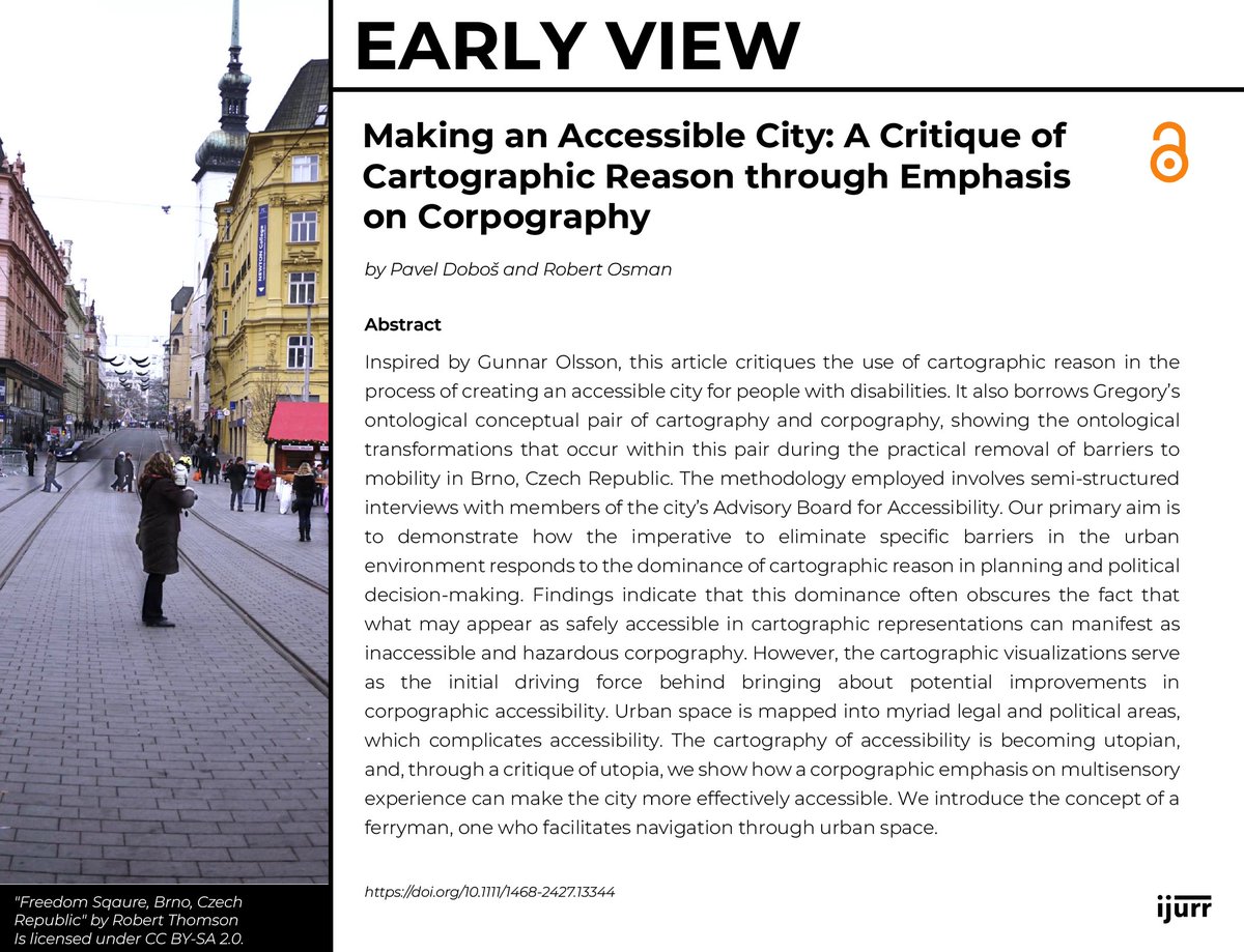 IJURResearch's tweet photo. 📢 Also available in Early View:

Making an Accessible City: A Critique of Cartographic Reason through Emphasis on Corpography

By Pavel Doboš and Robert Osman

👉 https://t.co/LnKxUx5GDg https://t.co/0nAbzONkT4