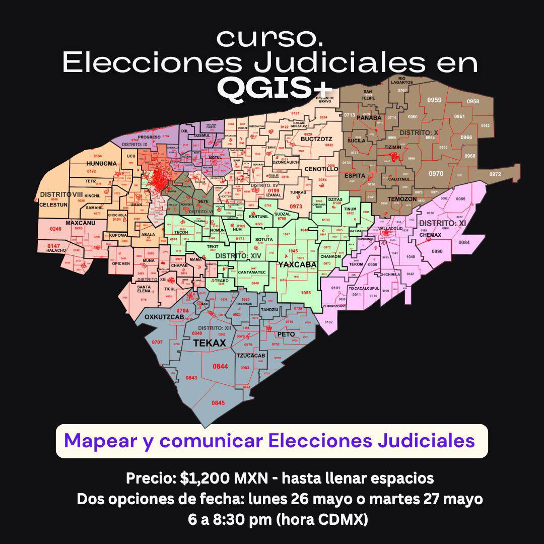 🗺️ Aprende a mapear el primer proceso de #EleccionesJudiciales  en México #QGIS 📊

Curso intensivo para visualizar MGE, participación, preferencias electorales y más.

🗓️ Lunes 26 o Martes 27 mayo | 
💰 $1,200 | 🧑‍💻 Cupo limitado

Regístrate aquí 📌 forms.gle/nnVmoWN7jvJgfs…