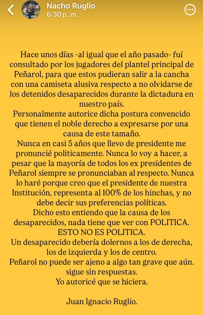 Hoy nos preguntaban algunos oyentes de por qué en Peñarol no hubo tal discusión con la manifestación, sí la hubo, pero la directiva tomó cartas en el asunto y decidió respetar la libertad de expresión de los jugadores. Hace un rato el presidente posteó esto: