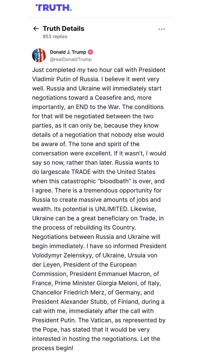 Remember that this latest round started with Trump demanding a one month unconditional ceasefire. Zelensky agreed, and Putin said no.

Then Trump said he'd have to talk to Putin personally to get the ceasefire done. Today he did. Putin still said no.

It's so sadly pathetic.
