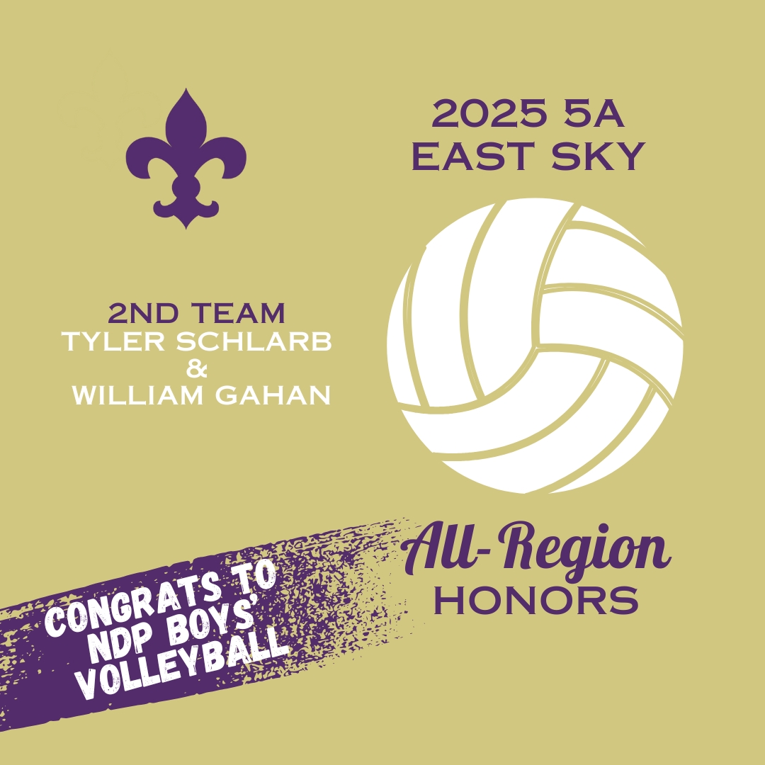 Congratulations to NDP Varsity Boys' Volleyball senior Tyler Schlarb and freshman William Gahan, who were named to the 2025 5A East Sky All-Region 2nd Team Honors list. Great going, Saints! #gosaints #reverencerespectresponsibility #ndpcatholic
