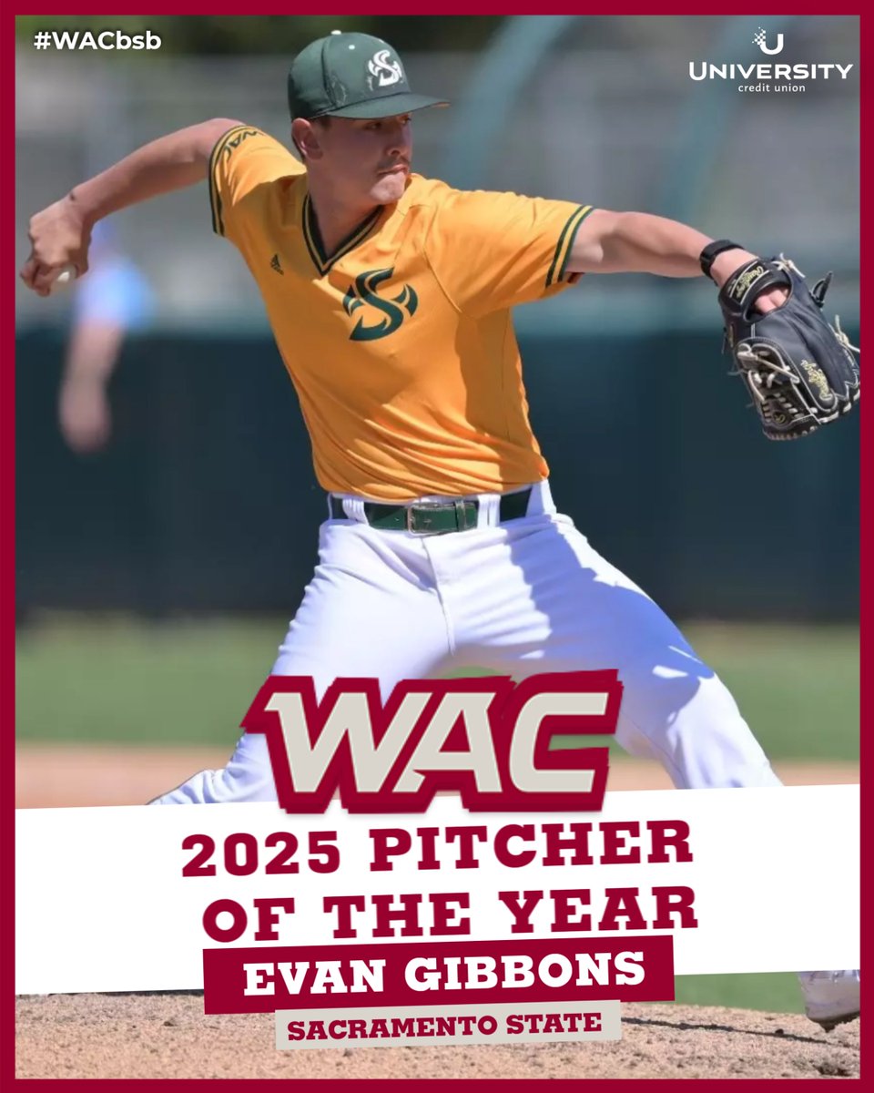 The Western Athletic Conference (@wacsports) on Twitter photo 🌟⚾️ 2025 WAC BASEBALL PITCHER OF THE YEAR ⚾️🌟
Evan Gibbons | <a href="/SacStBaseball/">Sac State Baseball</a>
#OneWAC x #WACbsb 🌟⚾️ 2025 WAC BASEBALL PITCHER OF THE YEAR ⚾️🌟
Evan Gibbons | <a href="/SacStBaseball/">Sac State Baseball</a>
#OneWAC x #WACbsb