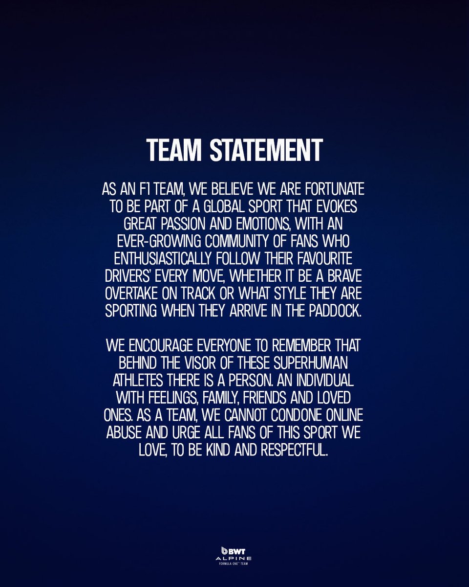 El equipo Alpine llama a la cordura a los fans que abusan y hostigan a los pilotos. No sienten un poco de vergüenza ajena? Van a hacer lo mismo que hicieron con Canapino? La F1 no funciona de esta manera, no todo da igual. Y encima algunos incentivan desde los micrófonos a esa
