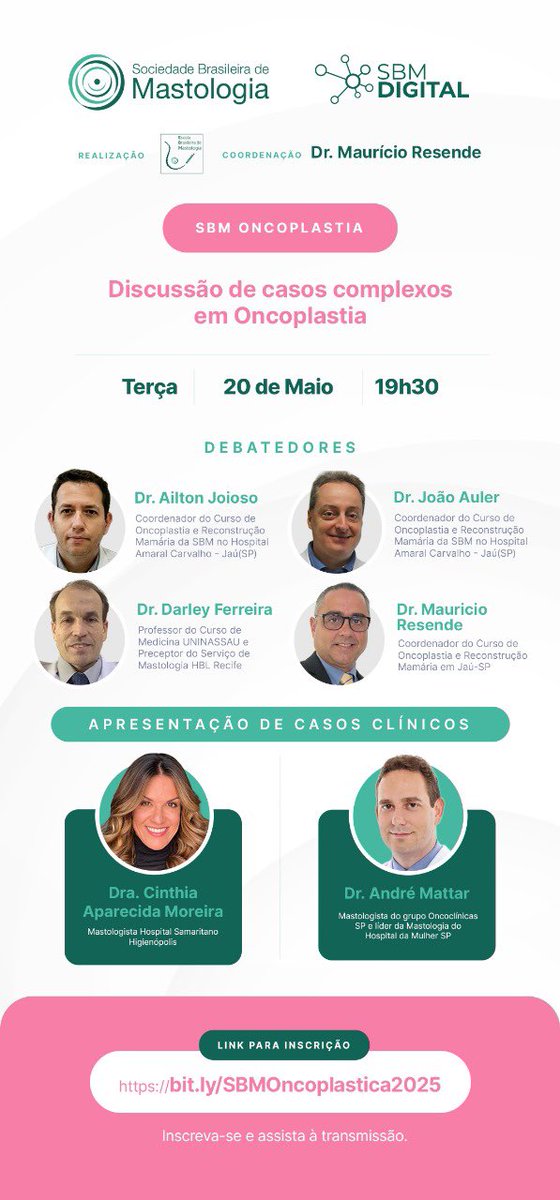 📌 *Amanhã teremos o SBM Oncoplastia - Discussão de casos clínicos, às 19h30*
 
📢 *Inscrições gratuitas pelo link:bit.ly/SBMOncoplastia…*