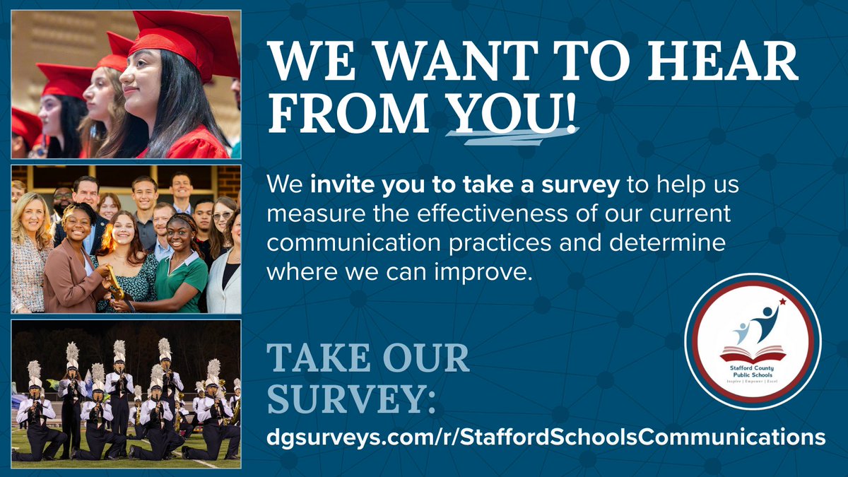 We invite you to take a survey to help us enhance our communication practices! 📣

The estimated time to complete is about 10-12 minutes, and it will be available through May 30th.

Take the survey online: dgsurveys.com/r/StaffordScho… #ElevateStafford #SchoolCommunication
