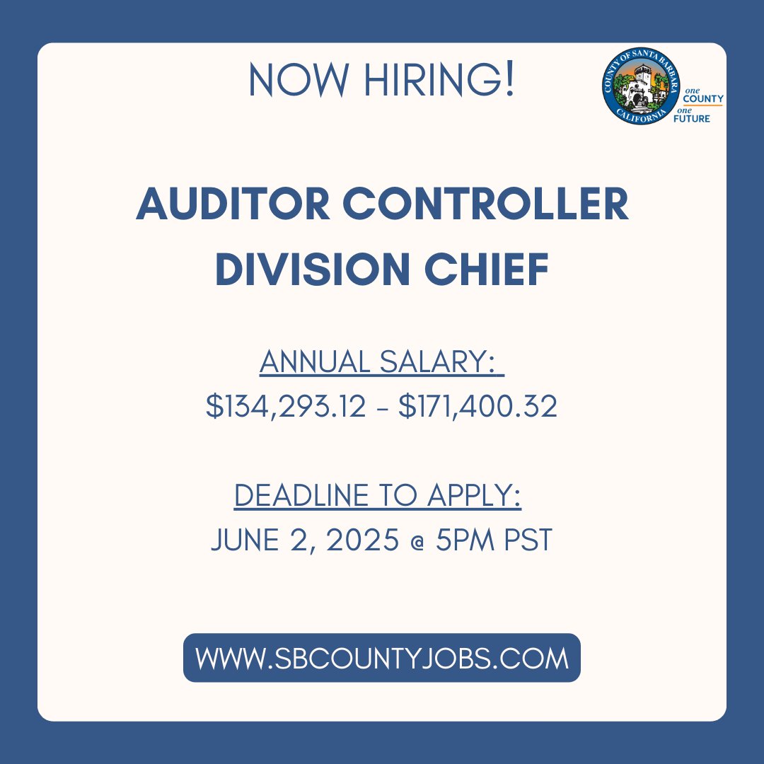 CountySBCareers's tweet image. The County of Santa Barbara's Auditor-Controller's Office is seeking a dynamic and experienced Division Chief to lead a full-service fiscal unit. If interested, please visit SbCountyJobs.com. The deadline to apply is 06/02/2025 at 5pm PST. #FederalEmployees
#GovernmentJobs