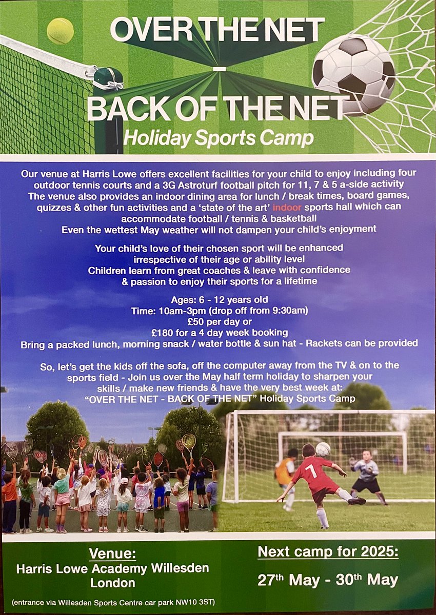 May Half Term spaces now available!! Visit www.overthenet-backofthenet@mail.com to book your child's place ⚽️🎾
