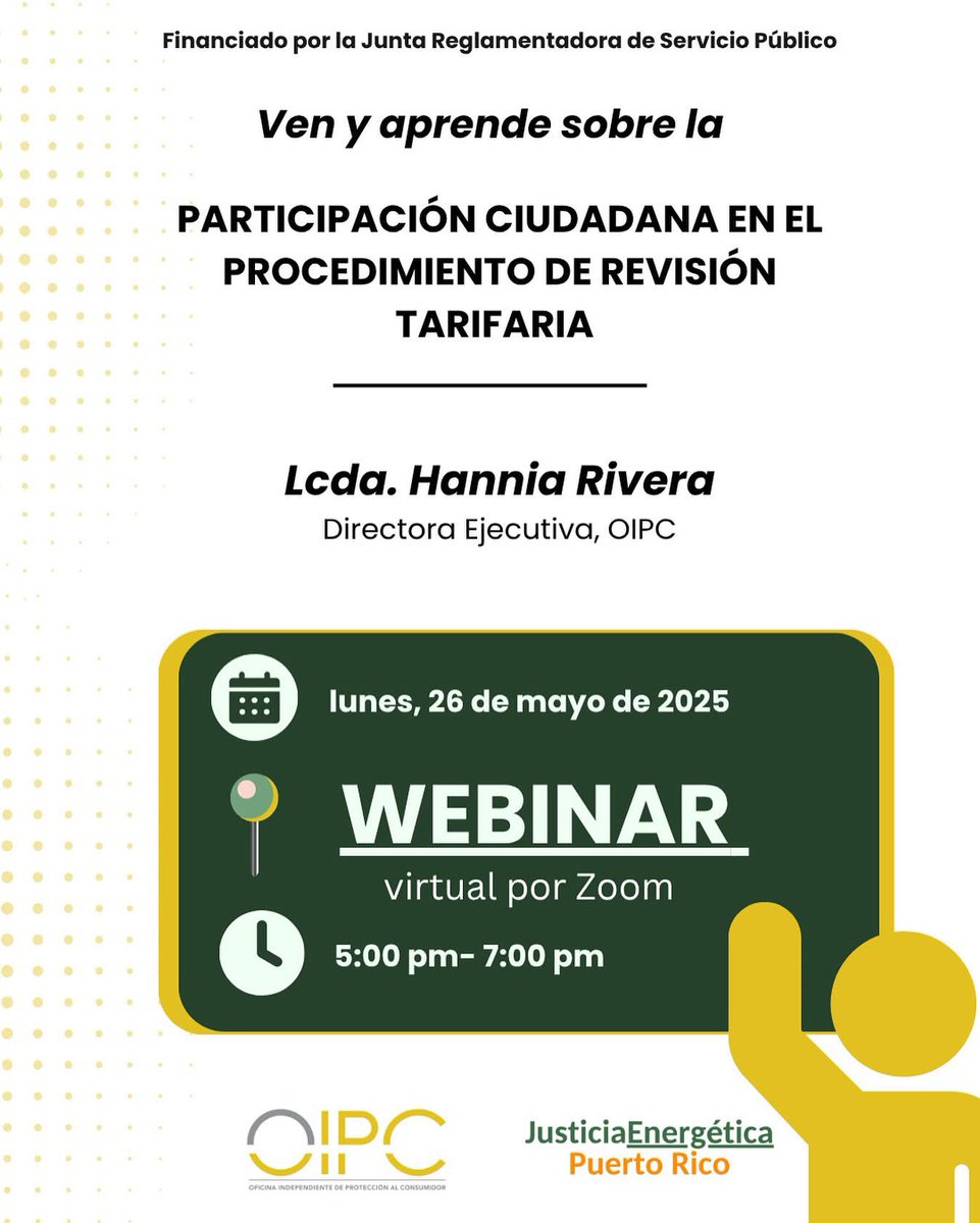¿Te interesa el proceso de revisión tarifaria?
Conéctate al 2do conversatorio virtual con la Lcda. Hannia Rivera de la OIPC y entérate de tus derechos como consumidor.
Regístrate: zoom.us/webinar/regist…
#OIPC #JEPR #RevisiónTarifaria