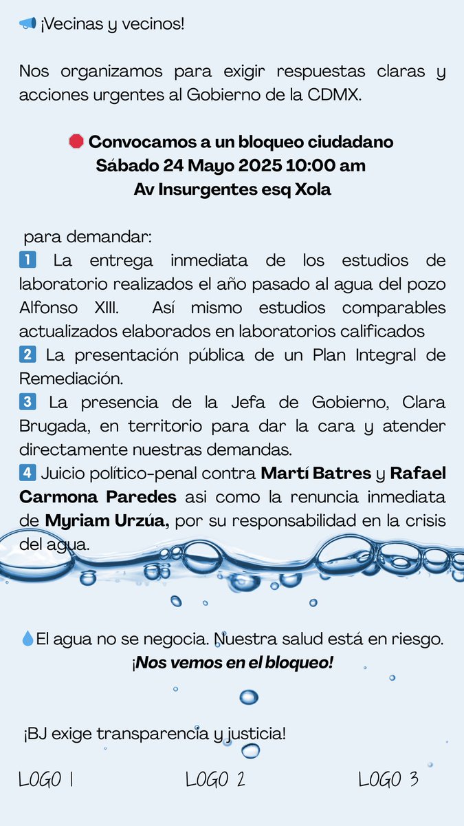 Exigimos: 
1. Implementación de un programa total de remediación 
2. Juicio político-penal contra <a href="/martibatres/">Martí Batres</a>
3. Renuncia de <a href="/VenegasUrzua/">urzua_venegas</a> y #RafaelCarmona
<a href="/SEGIAGUA/">Secretaría de Gestión Integral del Agua</a>
4. Evidencia de las pruebas hechas al agua del pozo
5. Estudios actuales del agua en lab. certificados