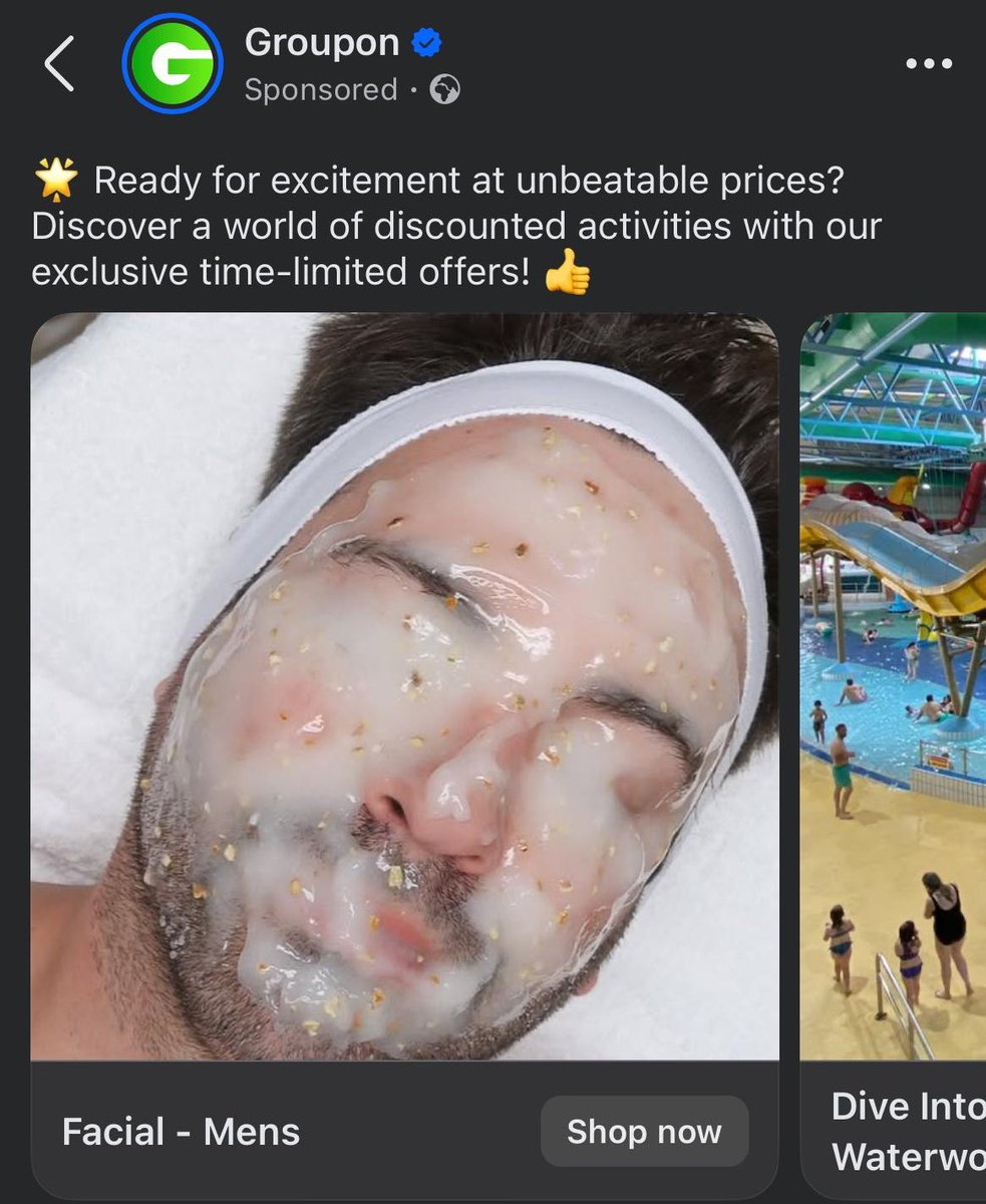 SJH1878's tweet photo. @f4tr1ck @GianlucaChianti My favourite targeted ad I’ve had so far was this delight from Groupon … I’ve still so many questions (this was honestly what popped up on my feed). https://t.co/AQ8nOnWfpk