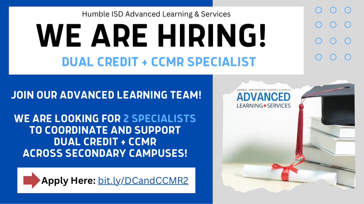 📢We Are Hiring!

Passionate about college &amp; career readiness? Advanced Learning and Services is hiring 2 Dual Credit &amp; CCMR Specialists! 

🌟 Apply Here: bit.ly/DCandCCMR2