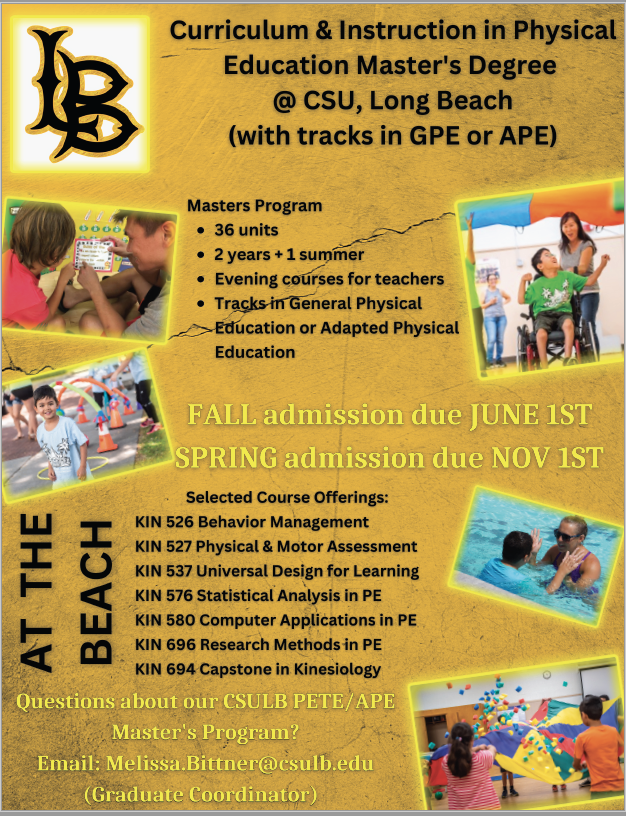 Reminder! June 1st is the last day to apply for the master's in Curriculum &amp; Instruction in Physical Education (emphasis in GPE or APE). 
calstate.edu/apply