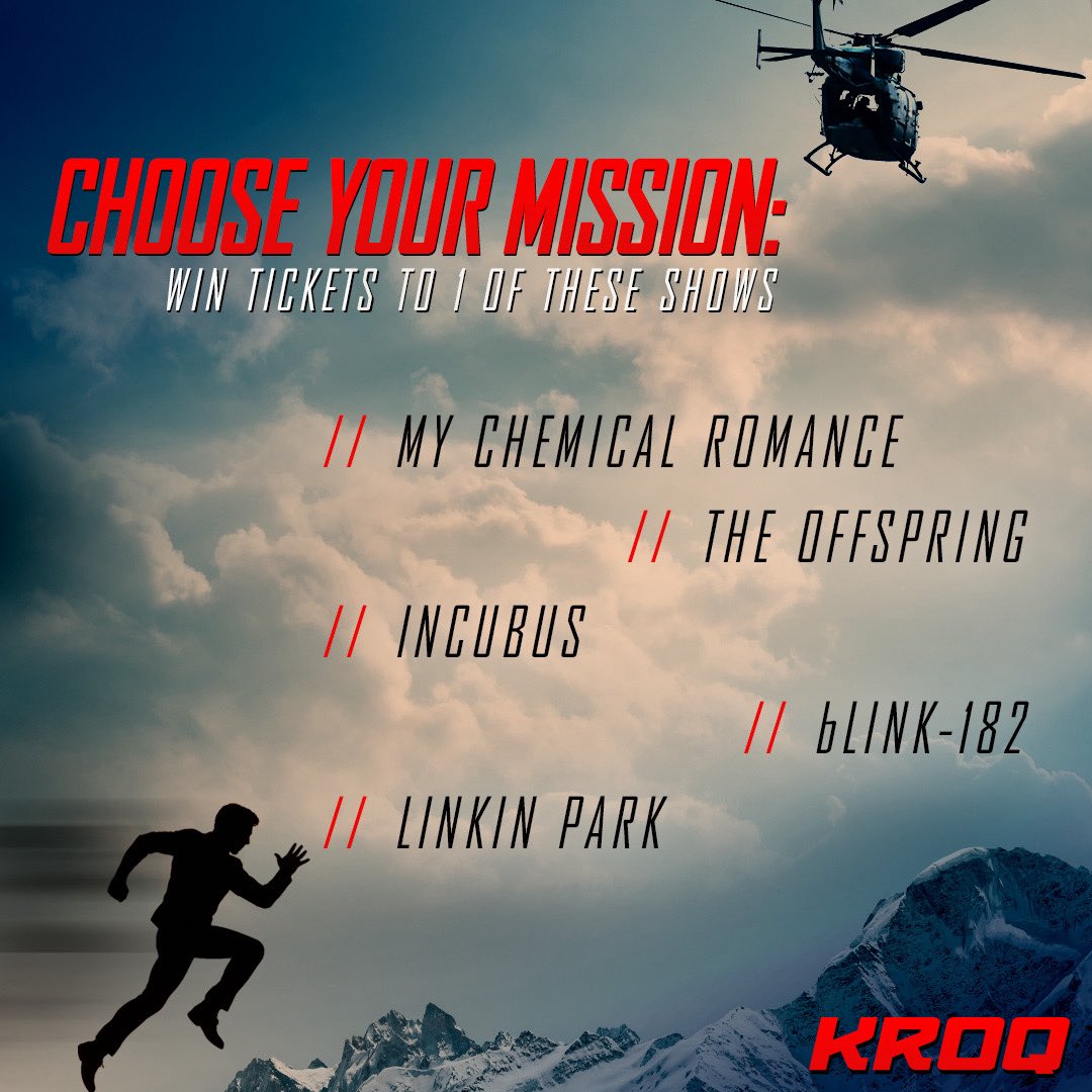 The World Famous KROQ (@kroq) on Twitter photo Your mission, should you choose to accept it, is to listen every day at 9a, 12p, 3p and 6p for your chance to win tickets to see <a href="/MCRofficial/">My Chemical Romance</a> <a href="/offspring/">The Offspring</a> <a href="/IncubusBand/">Incubus</a> <a href="/blink182/">blink-182</a> or <a href="/linkinpark/">LINKIN PARK</a>!
Tune in or stream us on the <a href="/Audacy/">Audacy</a> app 📱 KROQ.com/listen Your mission, should you choose to accept it, is to listen every day at 9a, 12p, 3p and 6p for your chance to win tickets to see <a href="/MCRofficial/">My Chemical Romance</a> <a href="/offspring/">The Offspring</a> <a href="/IncubusBand/">Incubus</a> <a href="/blink182/">blink-182</a> or <a href="/linkinpark/">LINKIN PARK</a>!
Tune in or stream us on the <a href="/Audacy/">Audacy</a> app 📱 KROQ.com/listen