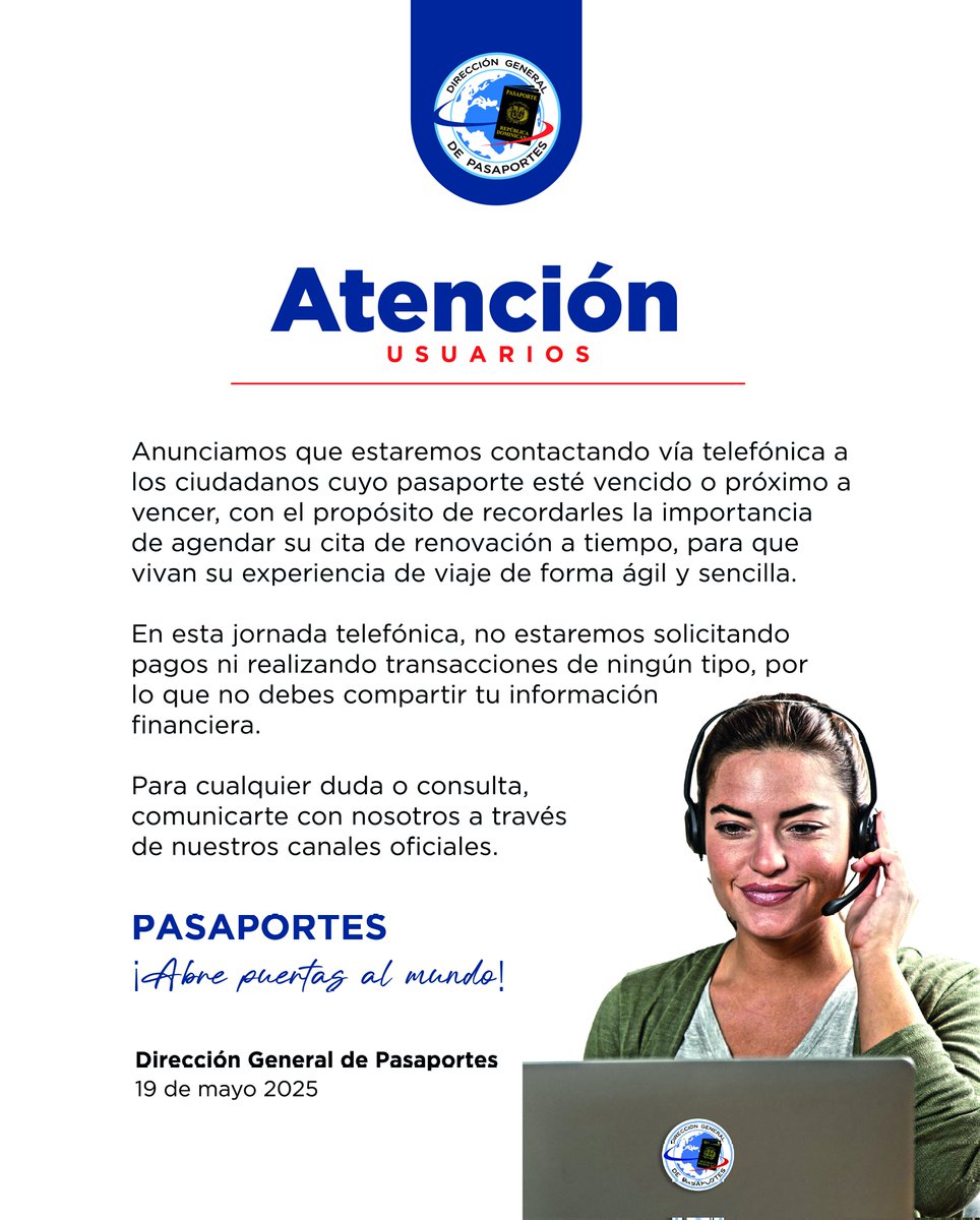 📣¡Atención usuarios!🤳 Ring Ring

Estaremos contactando vía telefónica a los ciudadanos cuyo pasaporte esté vencido o próximo a vencer, con el propósito de recordarles la importancia de agendar su cita de renovación a tiempo, para que vivan su experiencia de viaje de forma ágil