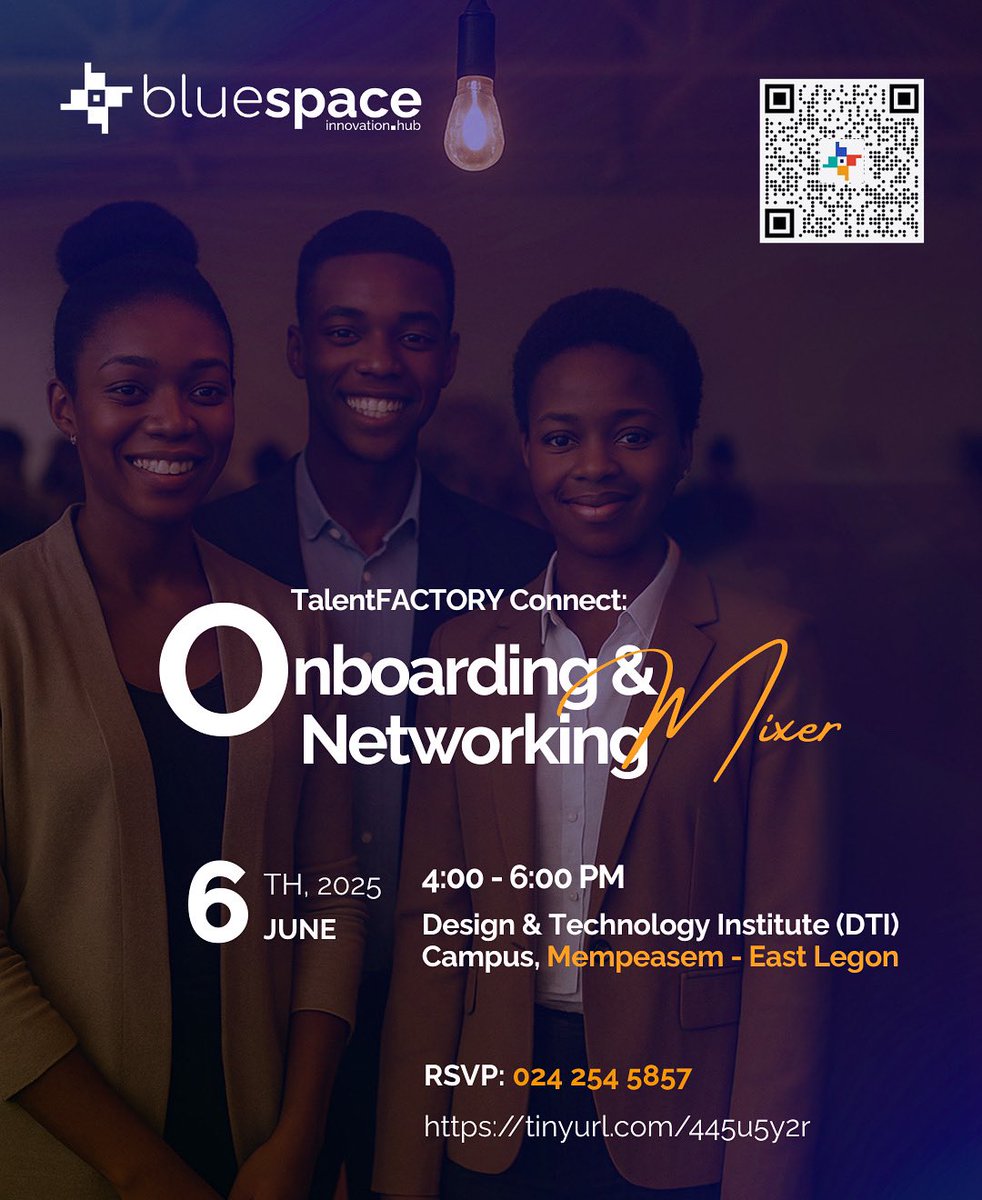 BlueSPACE Innovation Hub (@bluespace_hubs) on Twitter photo Few weeks to go!
Join us BlueSPACE TalentFACTORY Connect for our first-ever Networking & Onboarding Mixer.
Date: June 6th, 2025
Time: 4:00 - 6:00 PM
📍Location: <a href="/dtiafrica/">Design and Technology Institute</a> (DTI) Campus, Mempeasem - East Legon
Register for free now:
🔗 tinyurl.com/445u5y2r Few weeks to go!
Join us BlueSPACE TalentFACTORY Connect for our first-ever Networking & Onboarding Mixer.
Date: June 6th, 2025
Time: 4:00 - 6:00 PM
📍Location: <a href="/dtiafrica/">Design and Technology Institute</a> (DTI) Campus, Mempeasem - East Legon
Register for free now:
🔗 tinyurl.com/445u5y2r