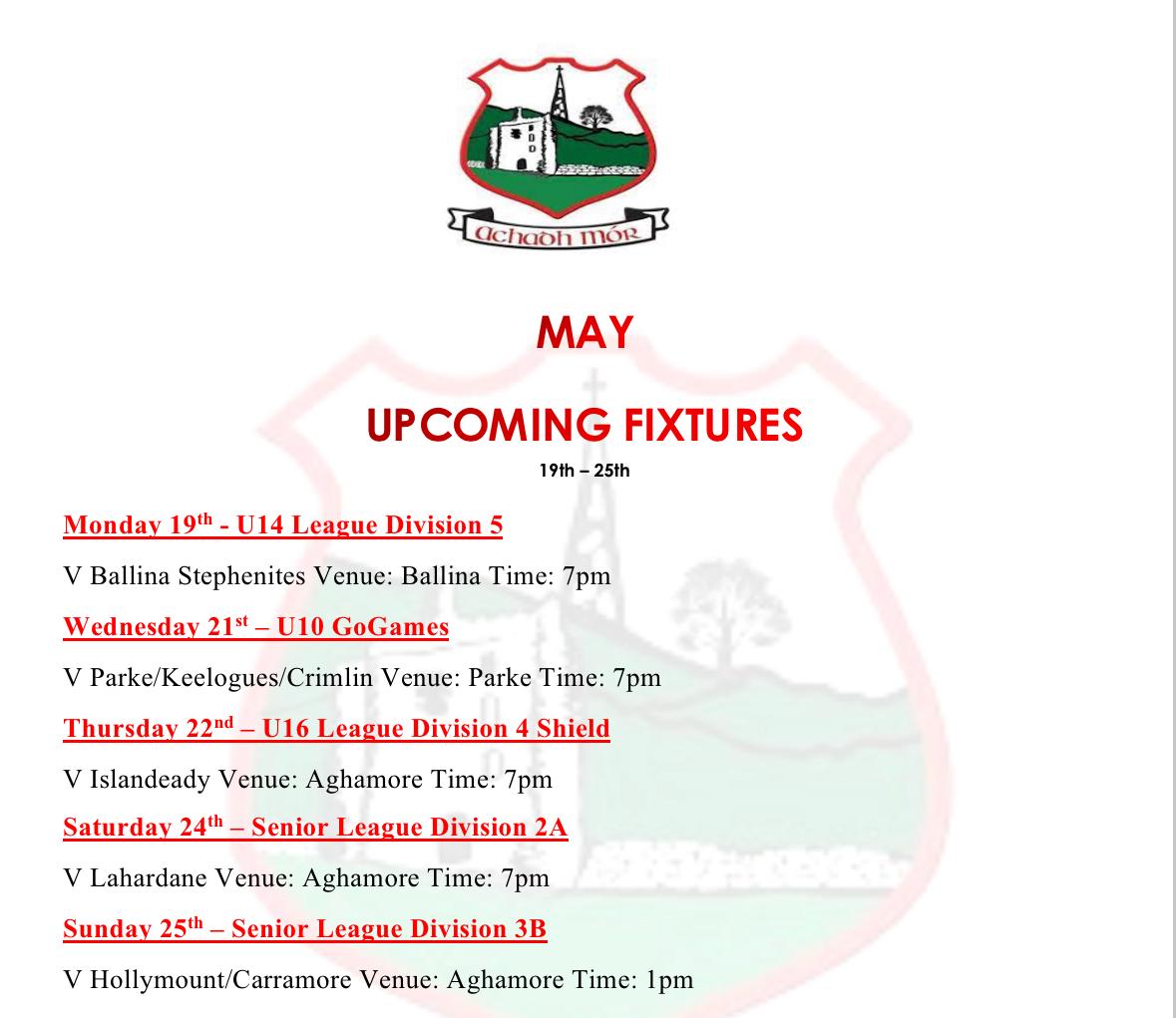 Fixtures for the coming week.