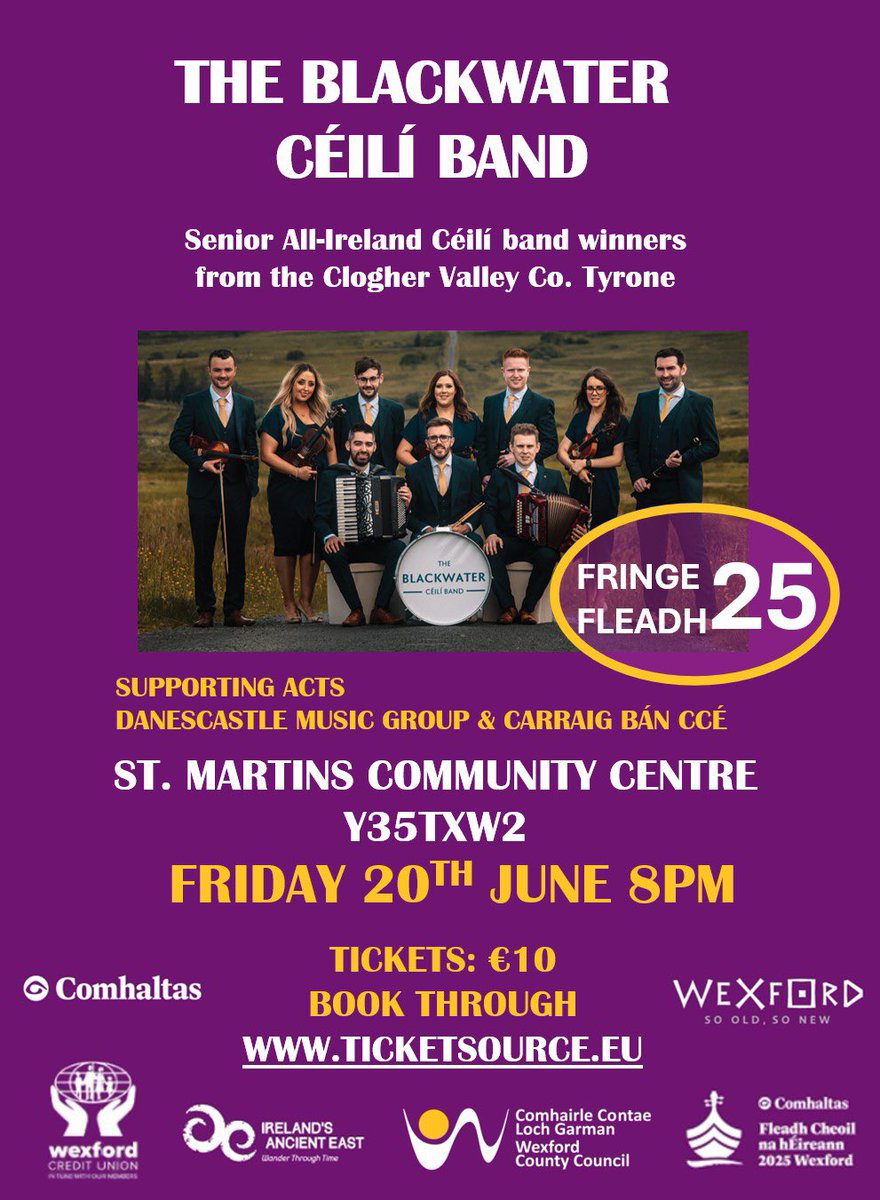 🎻Blackwater Céilí Band🎻

St Martins GAA welcome The Blackwater Céilí Band for a fantastic evenings entertainment on Fri June 20th 🙌✨

Book tickets for this fantastic event on shorturl.at/UZYZJ from Tues 20th May!

Special thanks to Bawn Developments as Event Sponsors👏