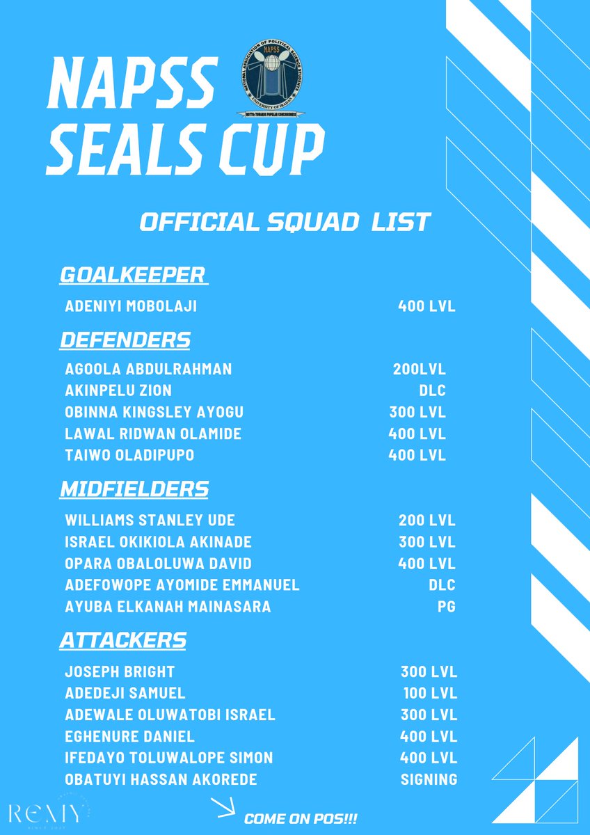 NapssSport's tweet photo. Meet the Squad! 👥 Our official team list for the Seals Cup is set! Get to know the talented individuals who will be representing NAPSS on the pitch. 💙⚽️ Proudly wearing the NAPSS jersey, our squad is ready to take on the challenge and bring home the trophy! 🏆 https://t.co/tkpnKAGKtJ