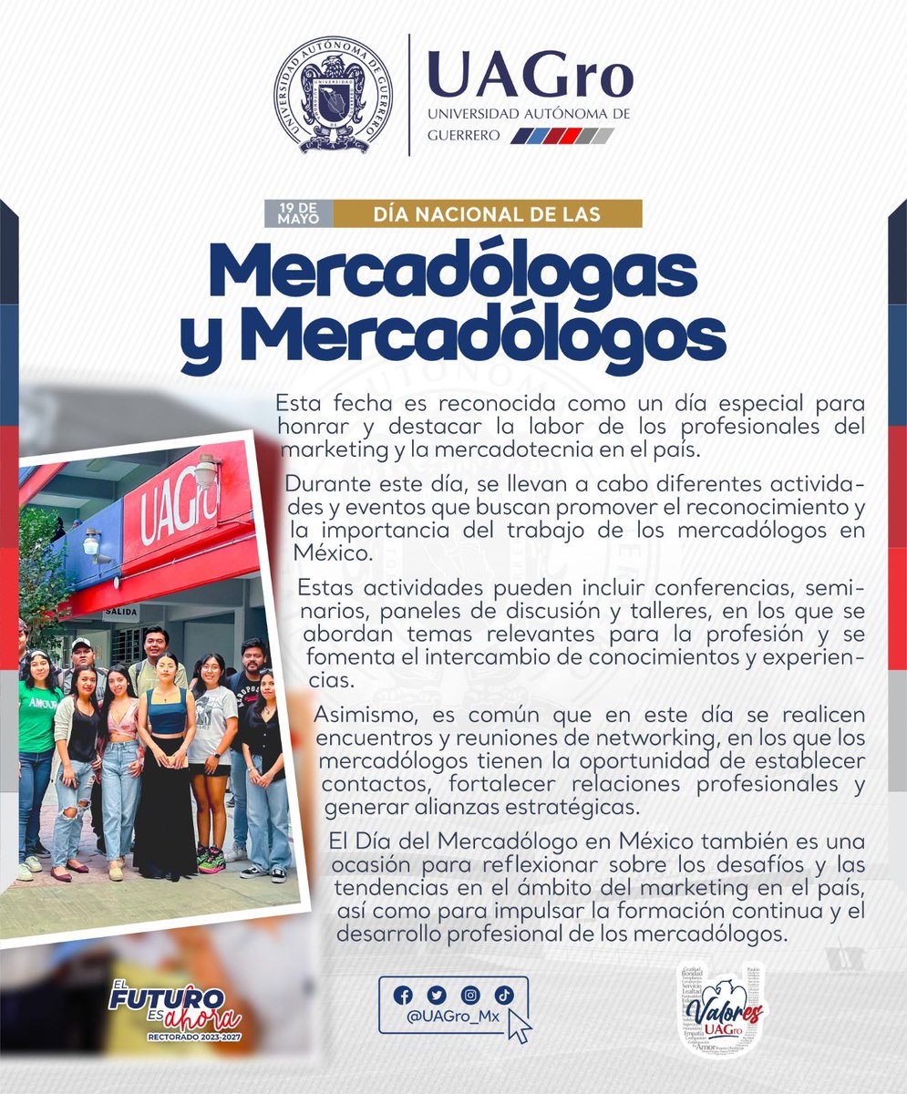 ¡Feliz Día del Mercadólogo!
📊✨ En la #UAGro celebramos a quienes transforman ideas en estrategias, datos en decisiones y creatividad en impacto social.

Nuestra comunidad de mercadólogos y mercadólogas es clave en la construcción de una universidad más conectada e innovadora.