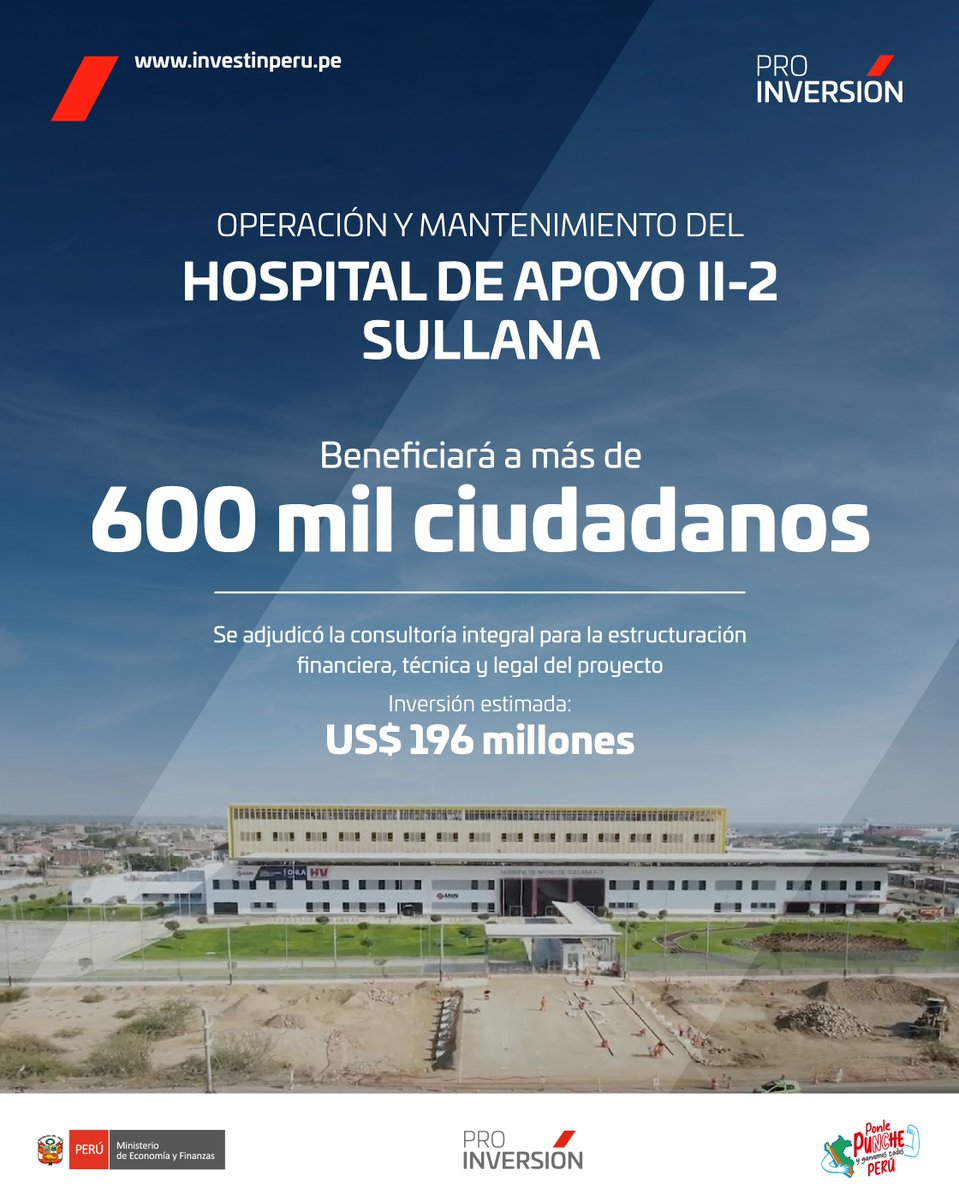 ProInversionPe's tweet image. 🏥 ¡Buenas noticias para Piura! Más de 600 mil ciudadanos accederán pronto a un hospital moderno y eficiente. Adjudicamos la consultoría para estructurar la operación y mantenimiento del Hospital de Apoyo II-2 Sullana.
🤝 El proyecto se desarrollará como una APP cofinanciada para…