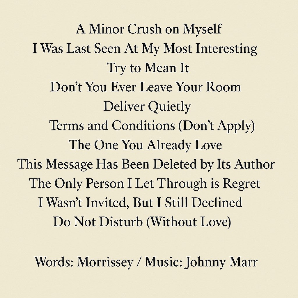leemcewan's tweet photo. A contemporary album by The Smiths if it was written by an  AI that was trained for quite a bit longer than I am willing to admit and is still a bit rubbish. Voila. https://t.co/6A8td2Rxe9
