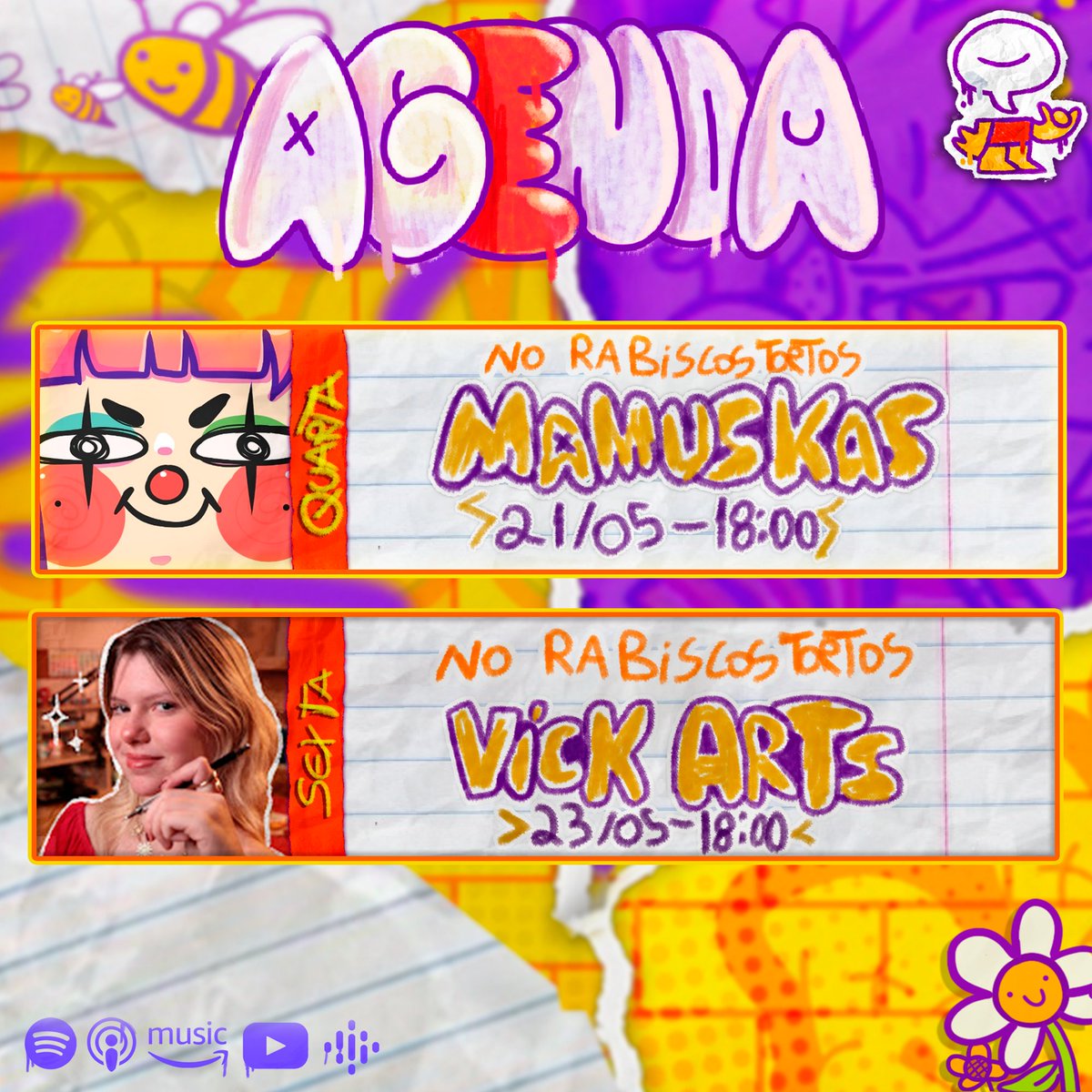 RabiscosTortos's tweet photo. 🧡RABISCOS TORTOS✏️  

• QUARTA - 18:00 - MAMUSKAS 
• SEXTA- 18:00 - VICK ARTS  

Nossa Agenda da semana :) https://t.co/uBjRDuPkjW