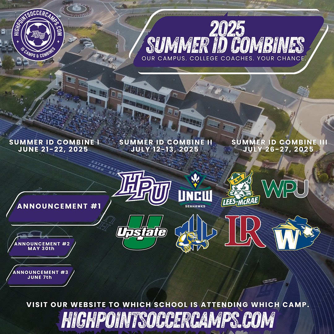 SUMMER ID COMBINES ARE FILLING UP FAST! Here’s our first batch of schools that are attending the 2025 Summer ID Combines. 

highpointsoccercamps.com

#GoHPU